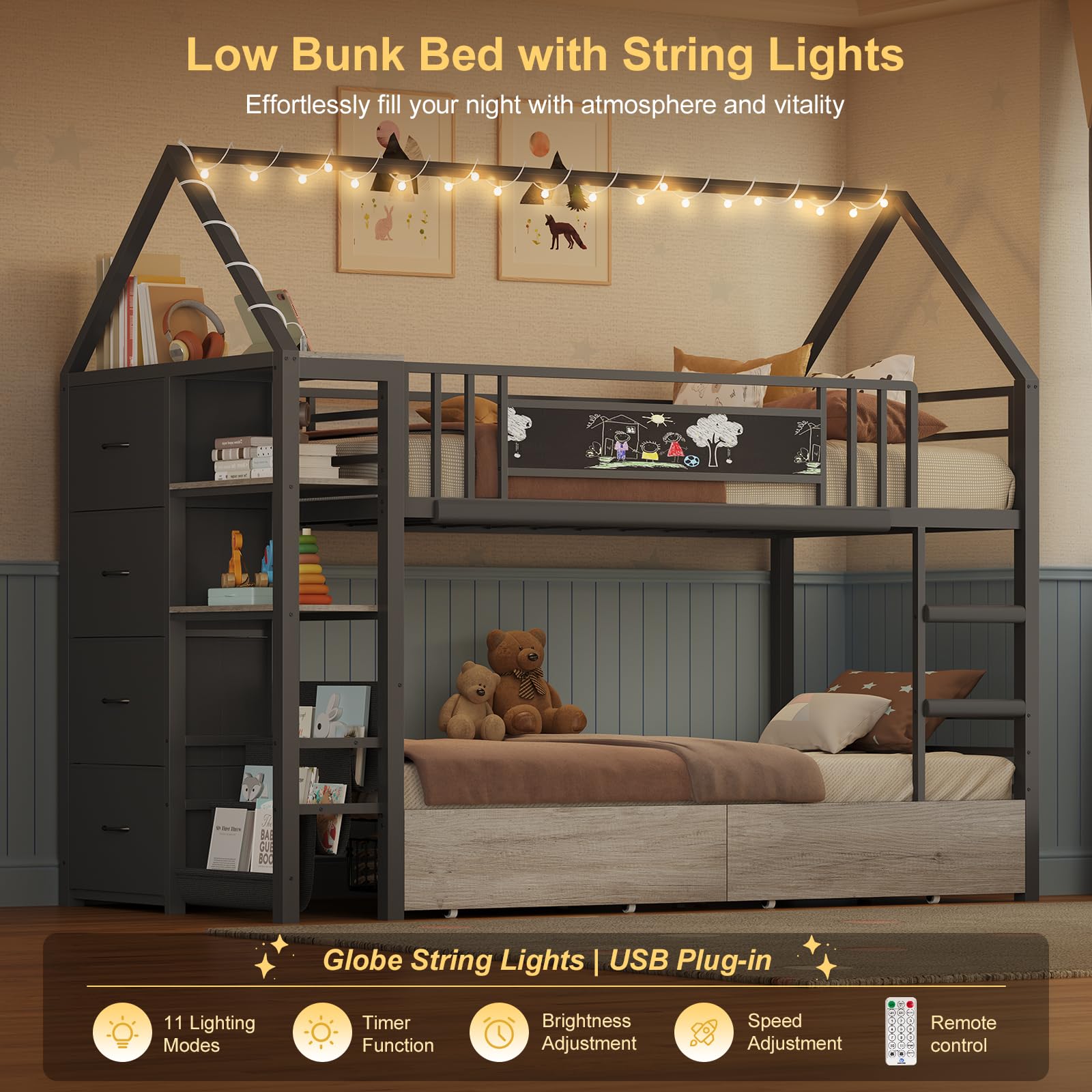 House Shaped Twin Over Twin Bunk Bed with Storage & Lights