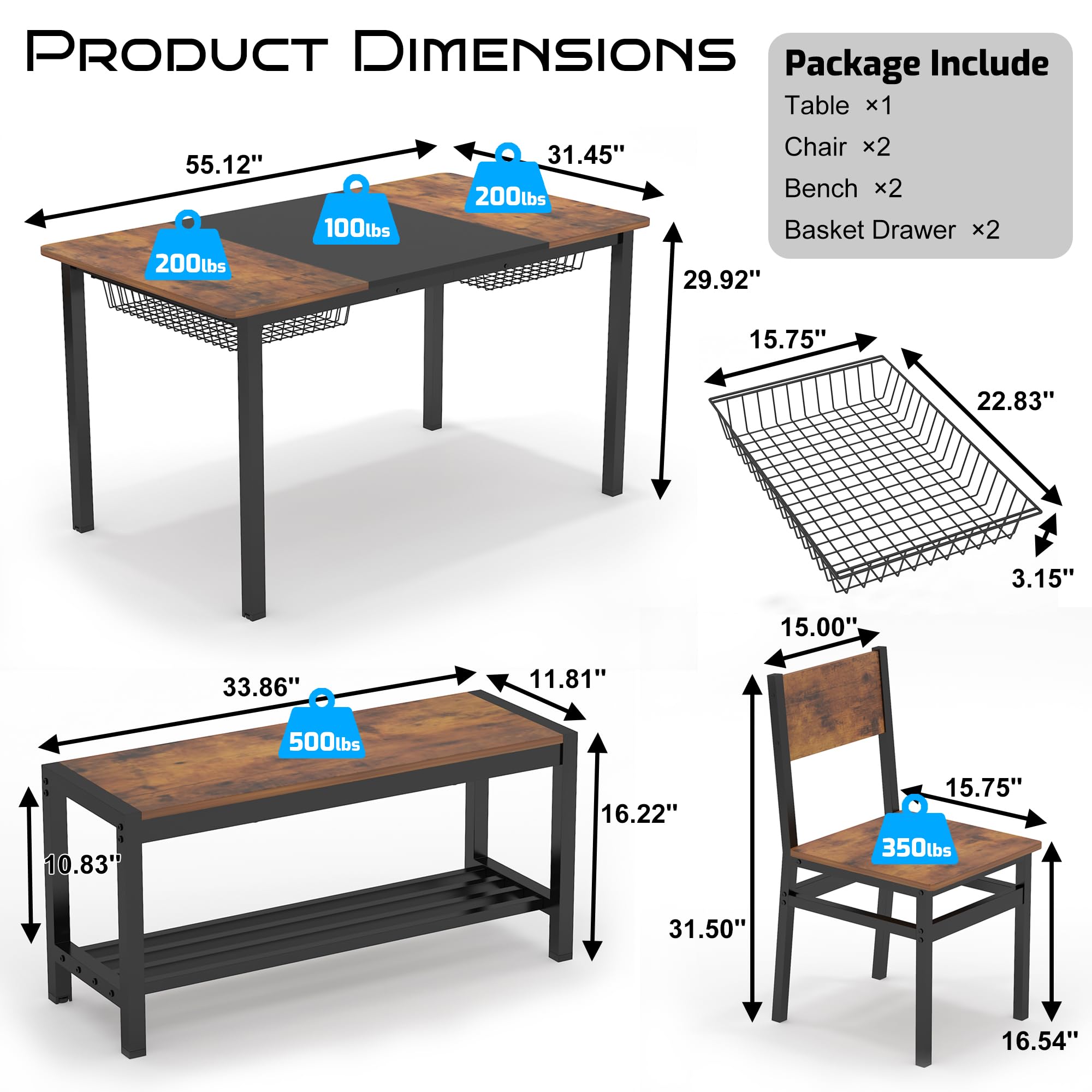 Industrial Dining Table Set with Benches & Chairs