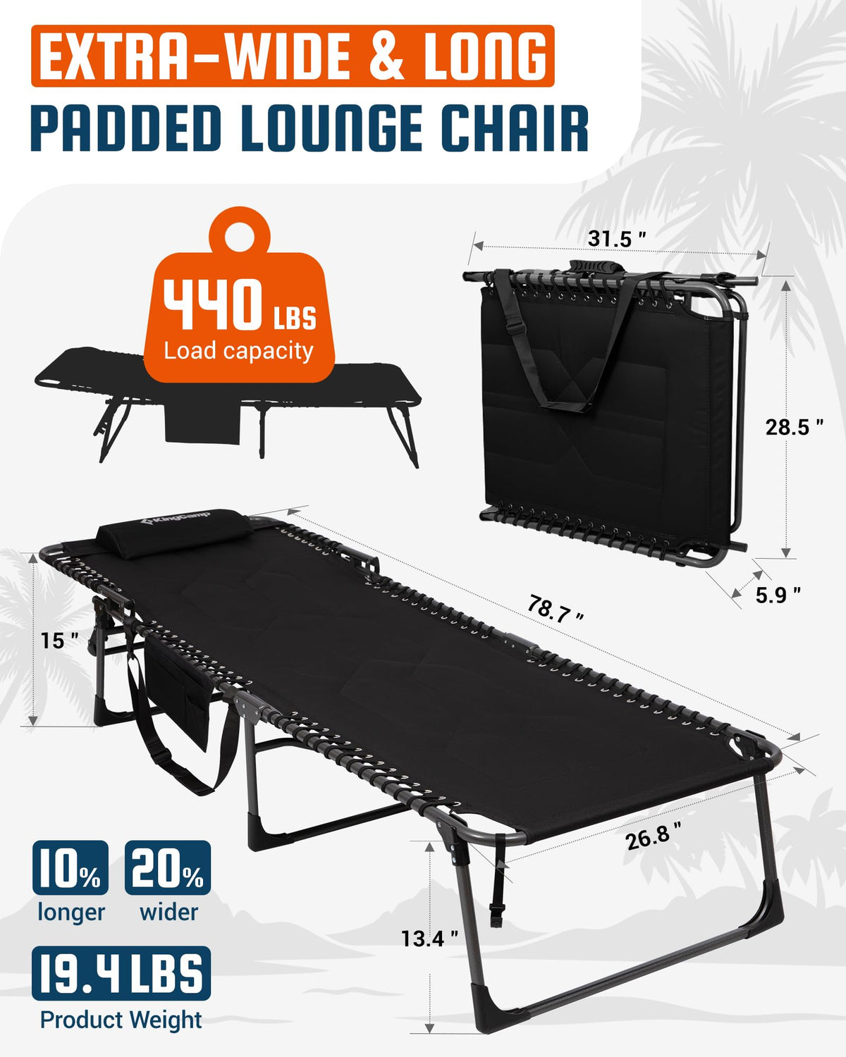 KingCamp Oversized Padded Lounge Chair 440lbs Tanning Chair, Black