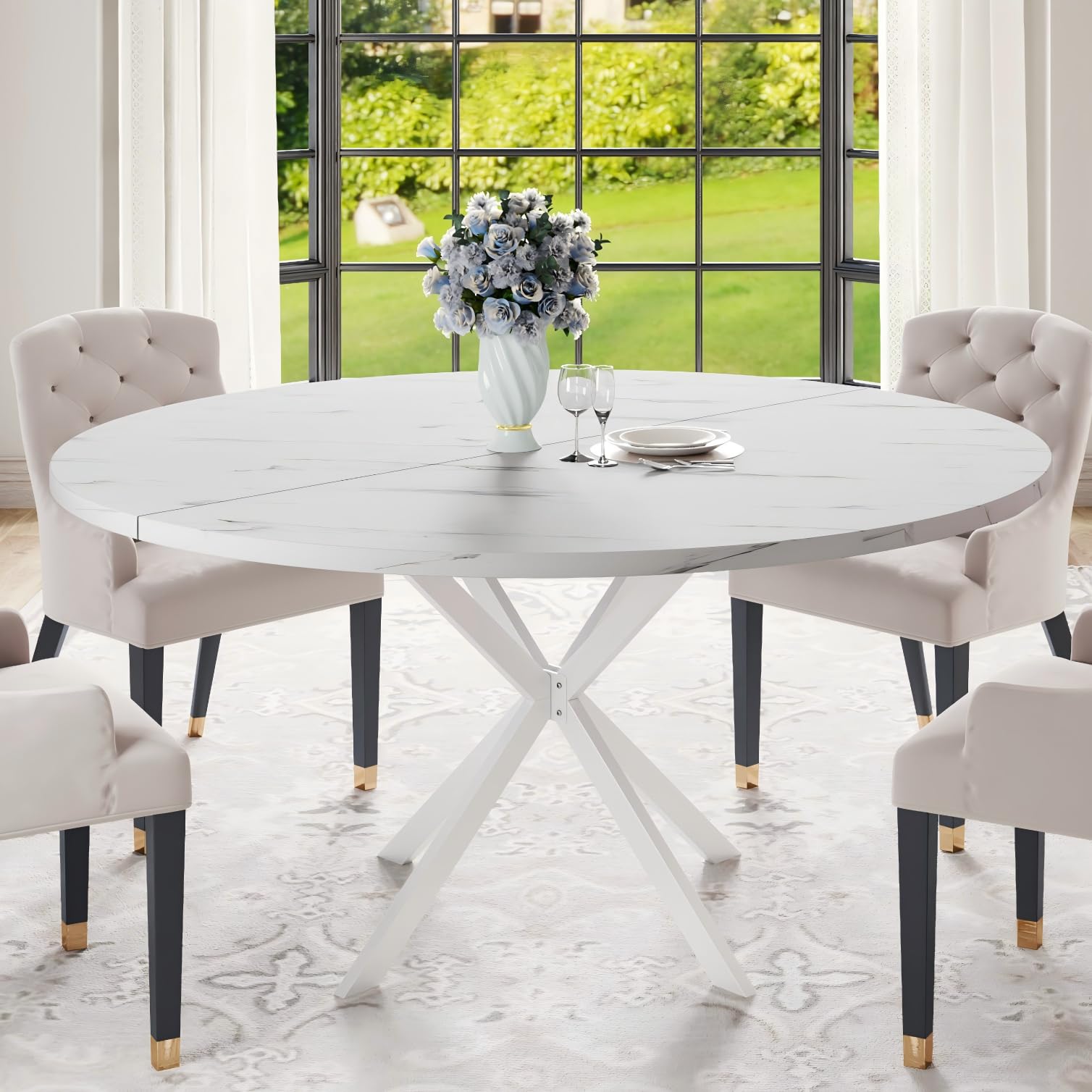 RLRO 47.24" Round Dining Table for 4-6 Person, Round Kitchen Table with Wood Top, Circle Dinner Pedestal Tables with Metal Legs for Dining Room Kitchen (White Marble)