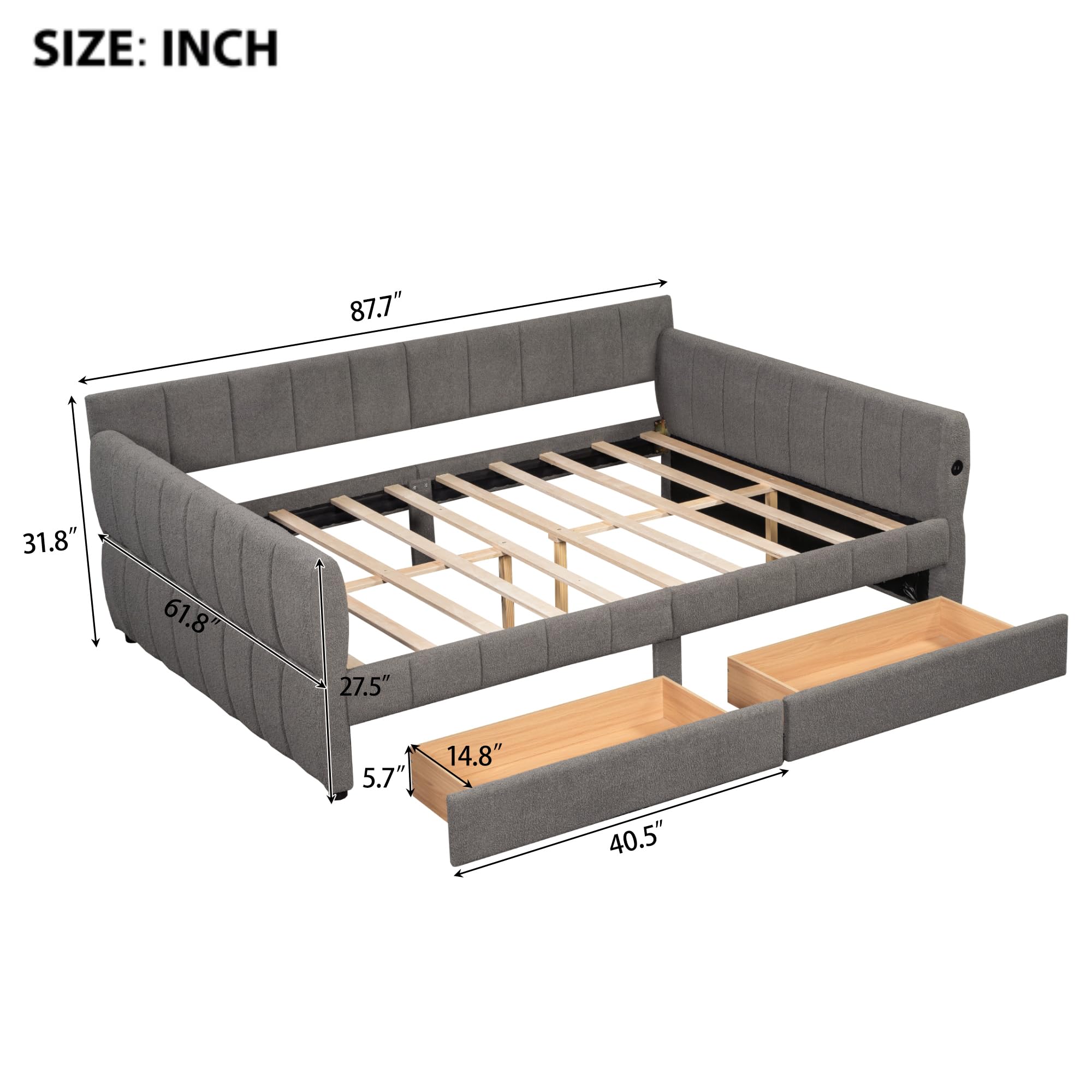 GDFStudio Queen Size Upholstered Platform Bed Frame with USB Ports & 2 Storage Drawers, Modern Sherpa Fabric Daybed Frame with Armrests, and Wooden Slats, No Box Spring Required, Gray
