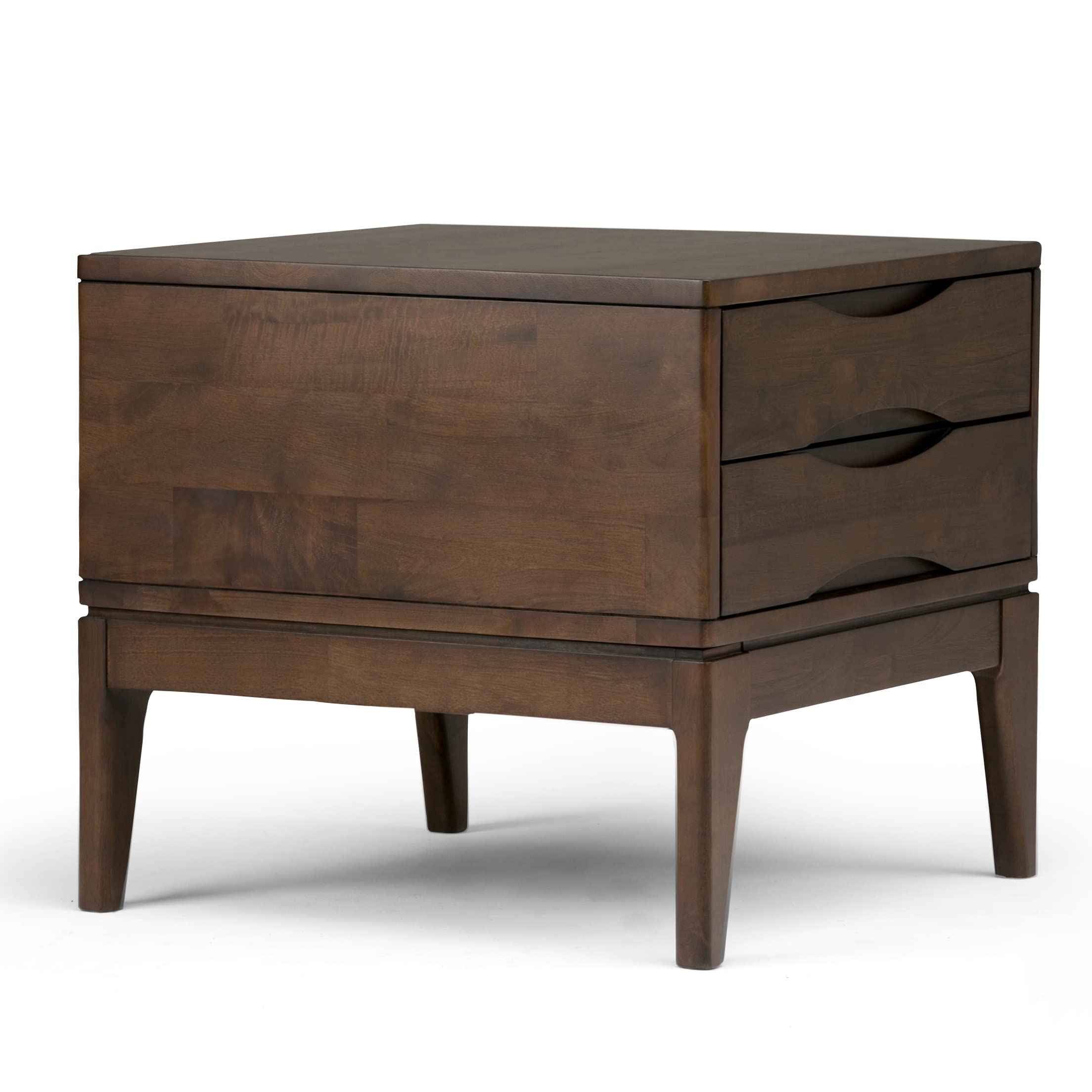 SIMPLIHOME Harper End Table - 22 inch Wide Solid Wood 2 Drawer Side Table in Walnut Brown, Mid Century Modern Accent Table for Living Room with Tapered Legs and Notched Handles