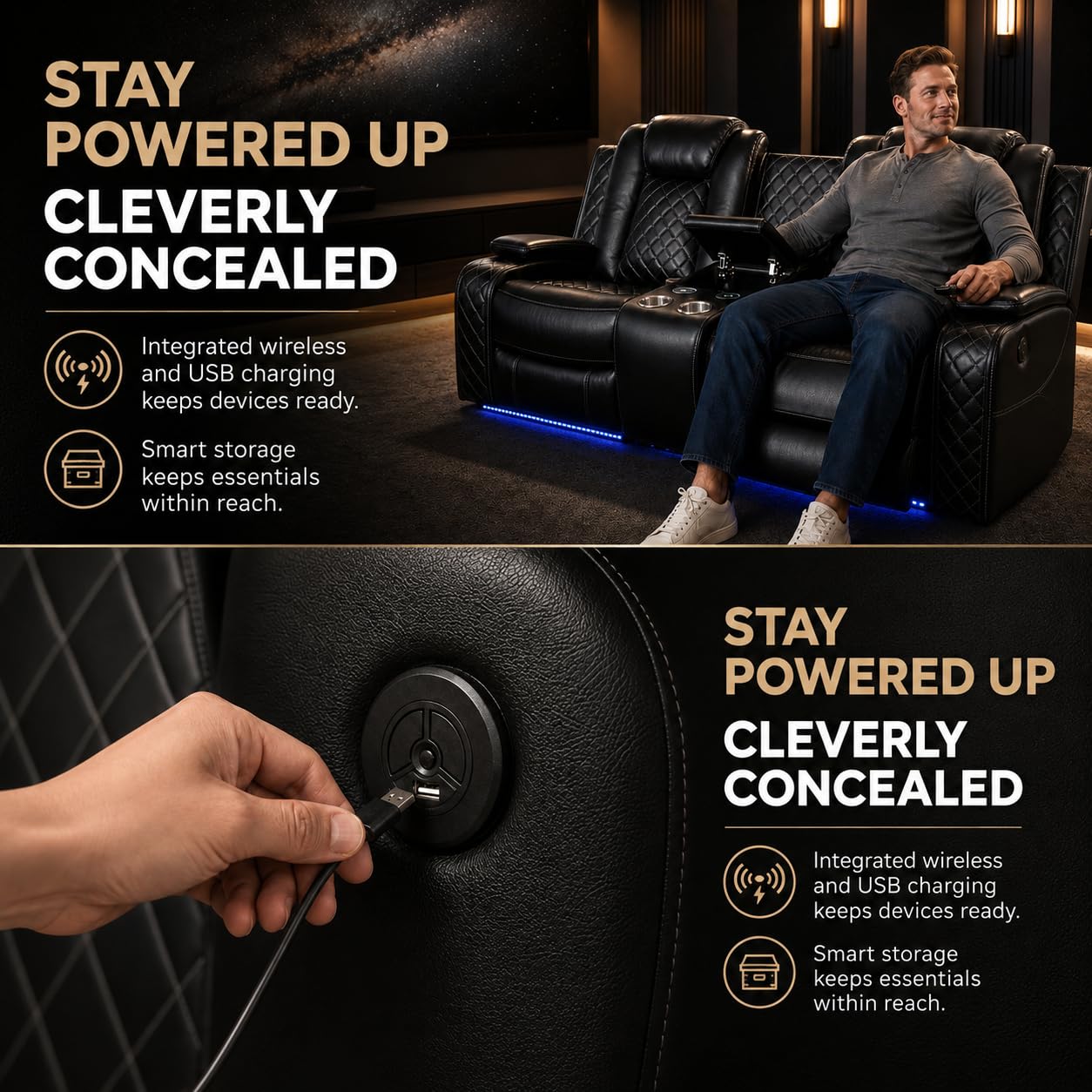 Puduvir Power Reclining Sectional Sofa for Living Room, 3 Pieces Leather Recliner Sofa Set with USB Ports, LED Light, Wireless Charger & Storage Console, Living Room Furniture with Home Theater Seat