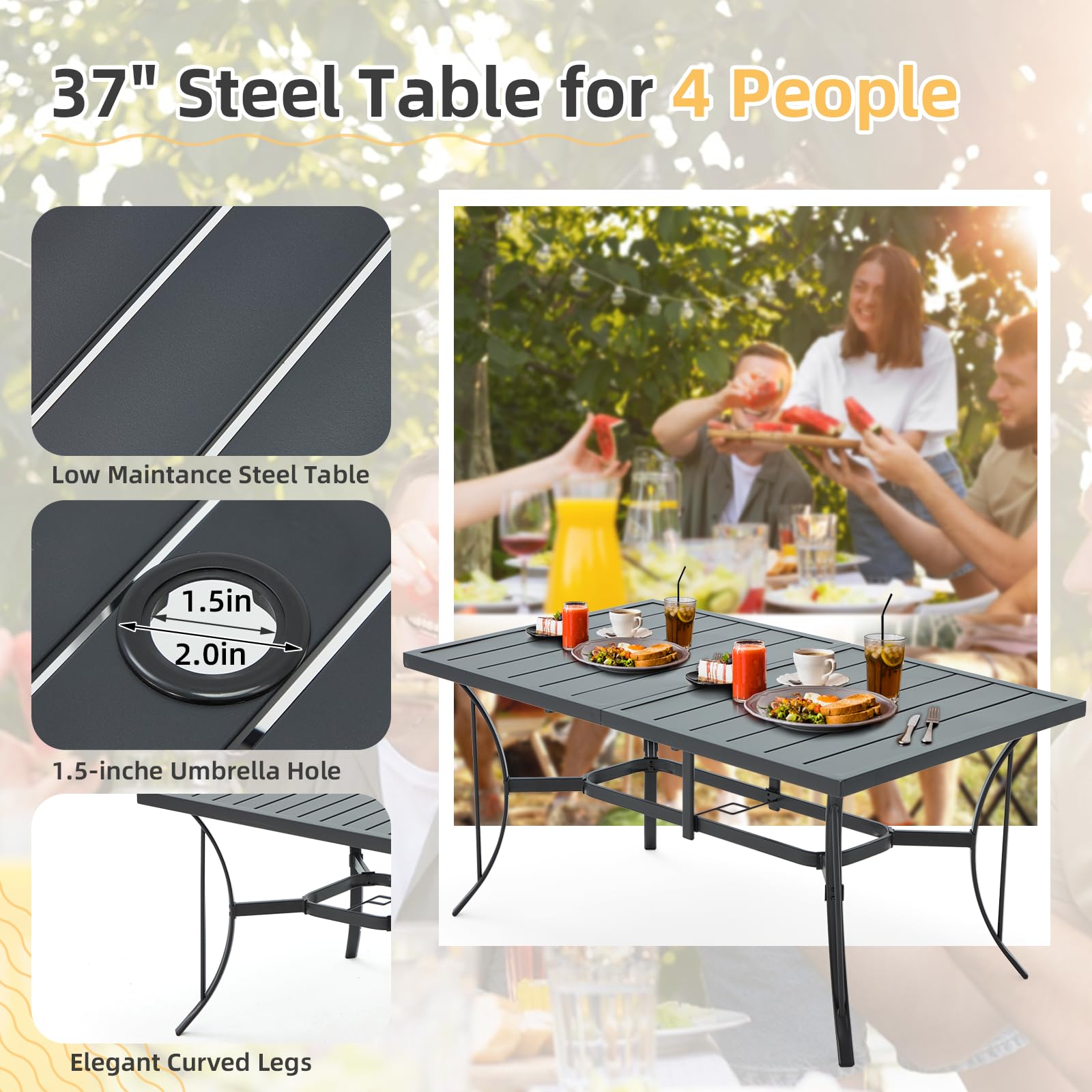 BUPPLEE Outdoor Patio Dining Set with 6 Swivel Chairs, Metal Table with Umbrella Hole, 7-Piece Patio Table and Chairs for Backyard, Poolside, Balcony and Garden (Brown)