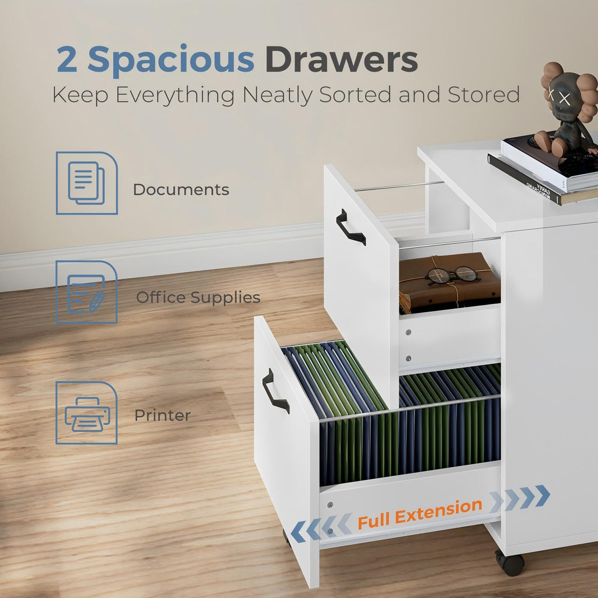 DUMOS 2 Drawer Mobile File Cabinet, Small Under Desk Storage Cabinet, White