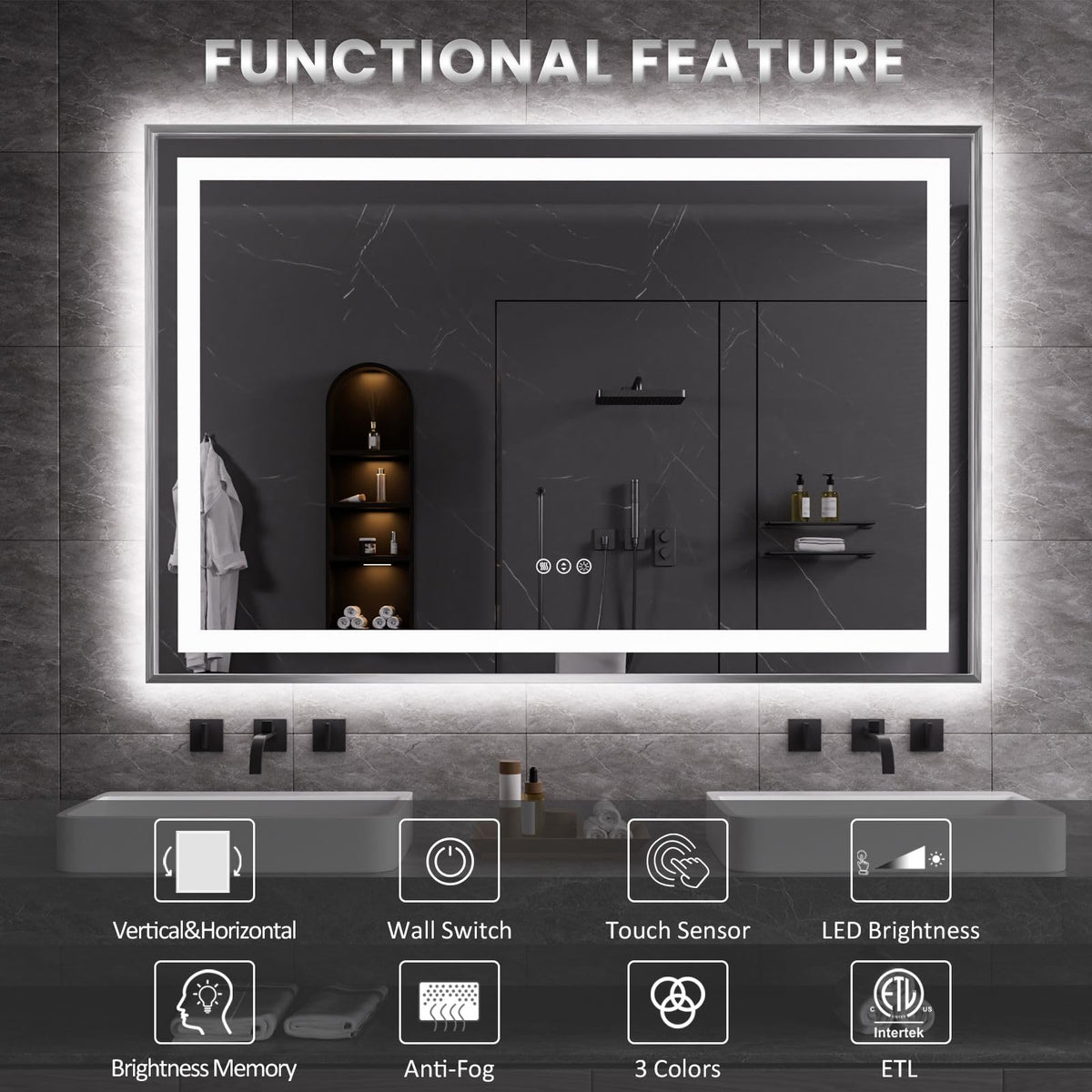 Amorho LED Bathroom Mirror 60"X30", Front Light and Backlit(Brushed Silver)