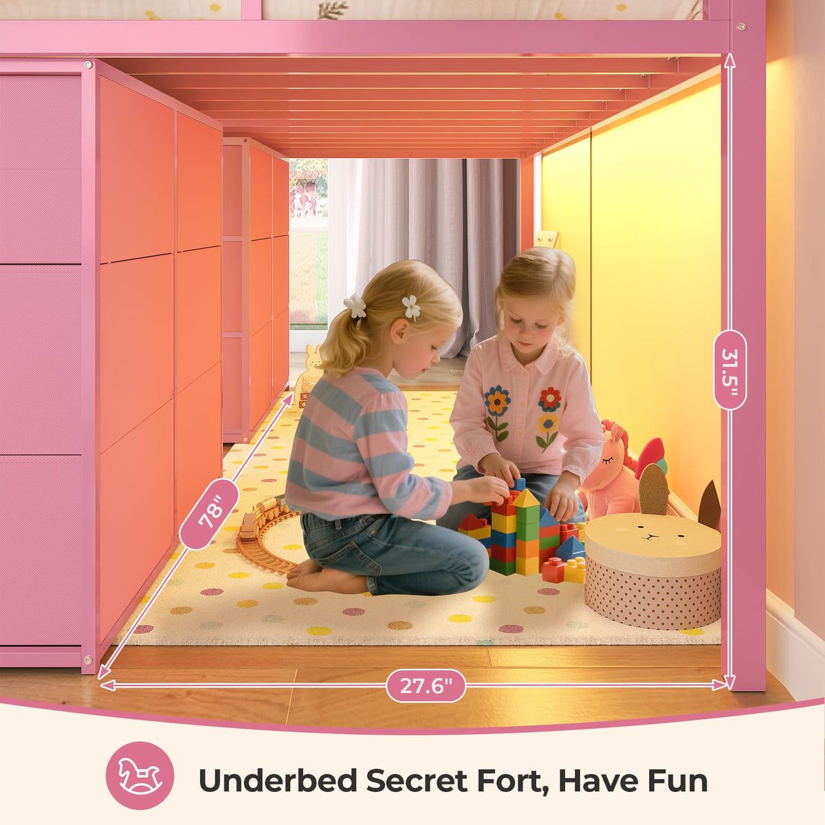 ADORNEVE Low Loft Bed Twin Size with 8 Storage Drawers for Kids, Pink
