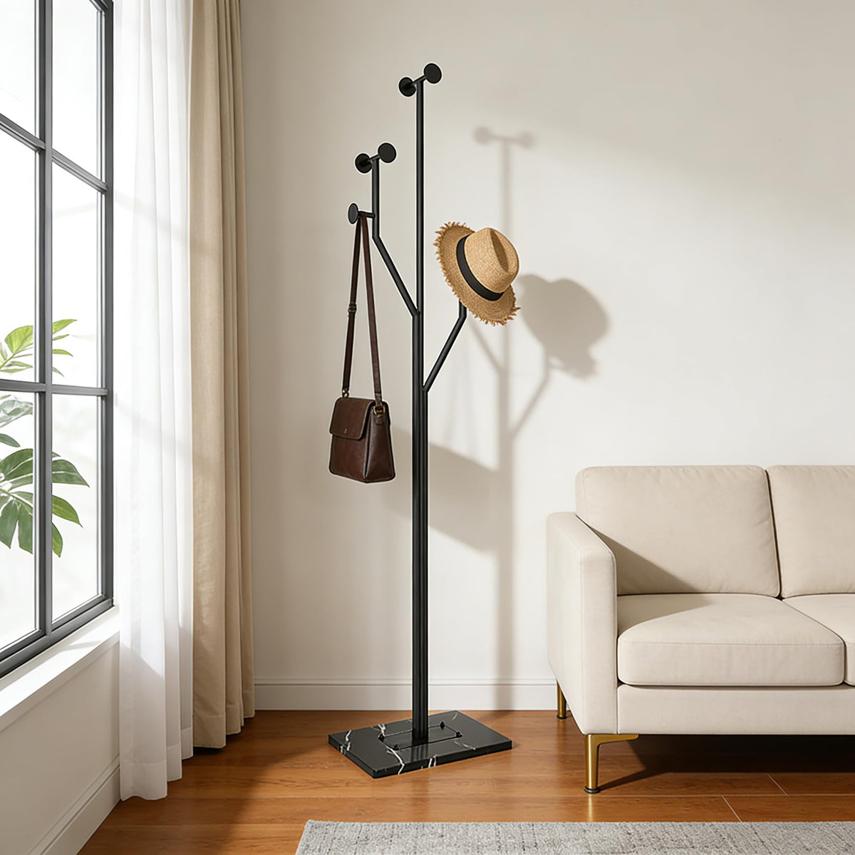 JIAYUEJU Freestanding Coat Rack Marble Base Coat Tree Heavy Duty(Black)