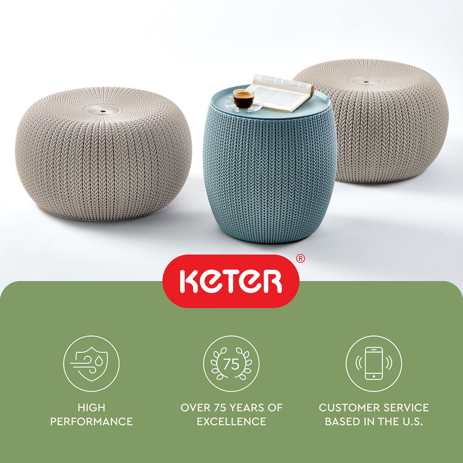 Keter Urban Knit Pouf Ottoman Set of 2 with Storage Table for Patio and Room Décor - Perfect for Balcony, Deck, and Outdoor Seating, Misty Blue & Taupe