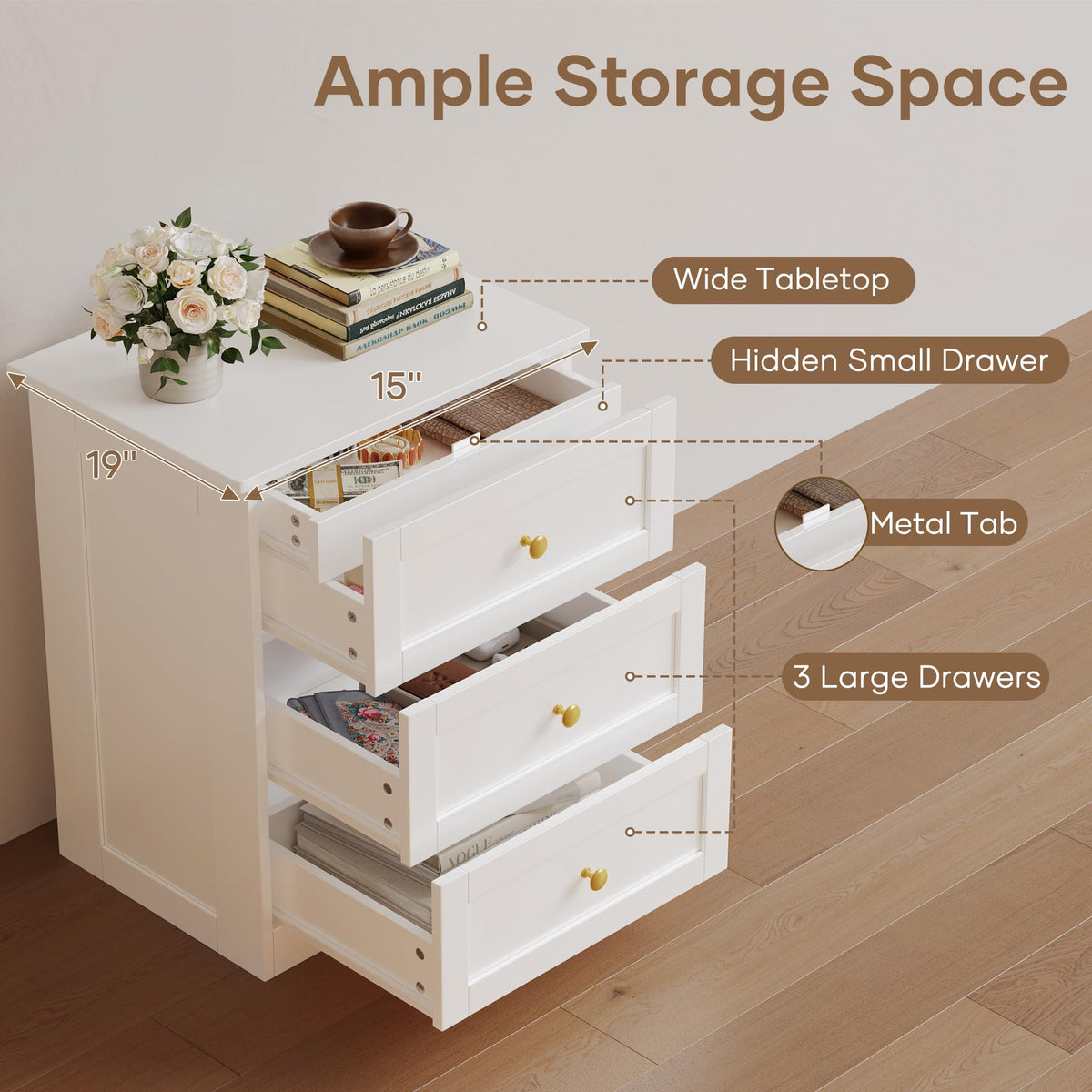 wanan Nightstands Set of 2 with Hidden Drawer, White and Gold