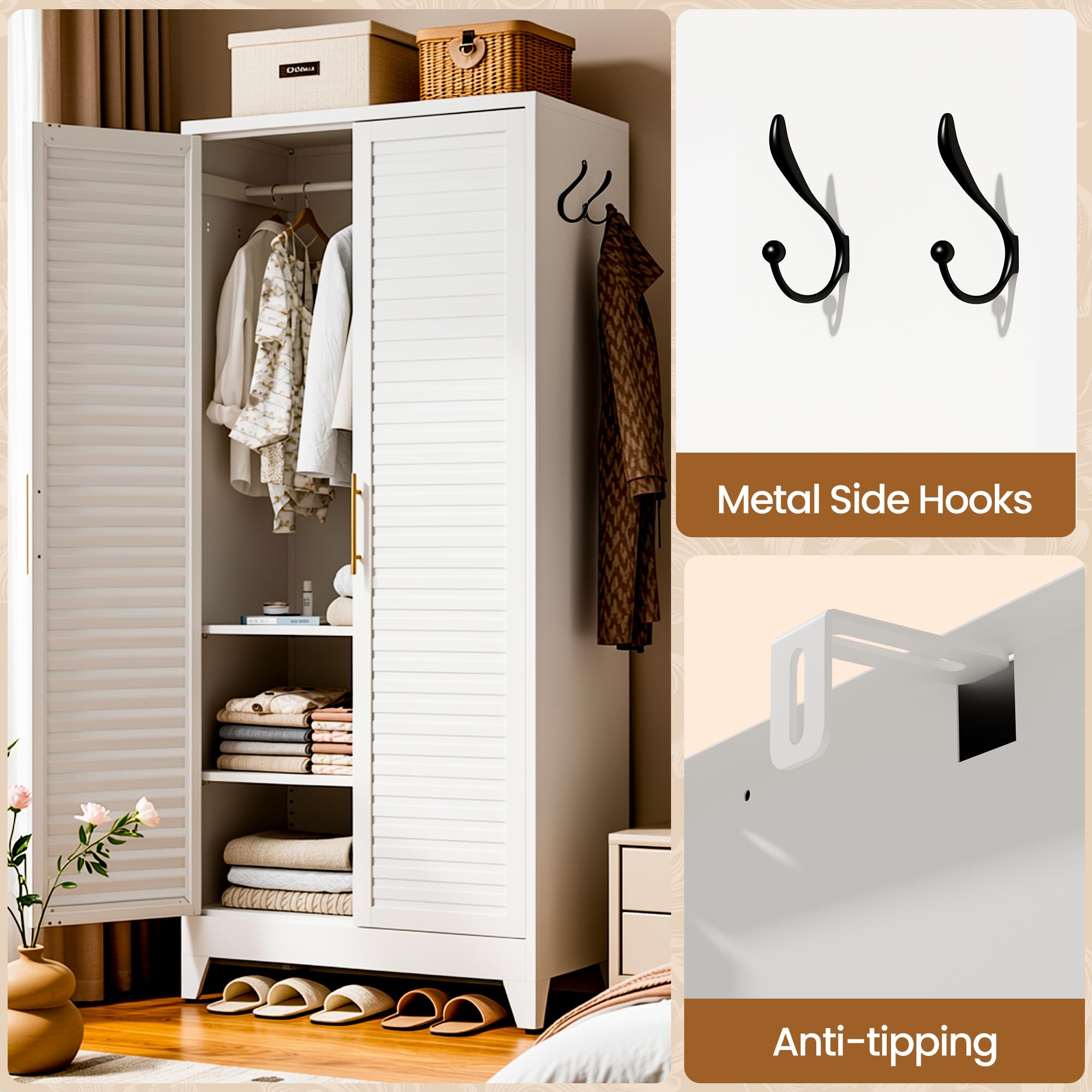 Metal Armoire Wardrobe Closet, 71" Clothing Storage Cabinets with Adjustable Hanging Rod, Louvered Doors, 2 Side Hooks & 2 Adjustable Shelves - Closet Cabinet for Bedroom, Laundry Room, Cloak Room