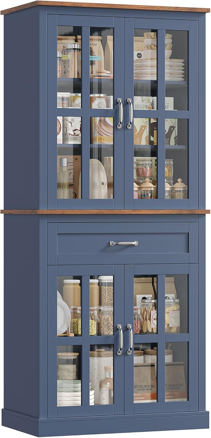 Tall Kitchen Pantry Cabinet with Glass Doors & Drawer