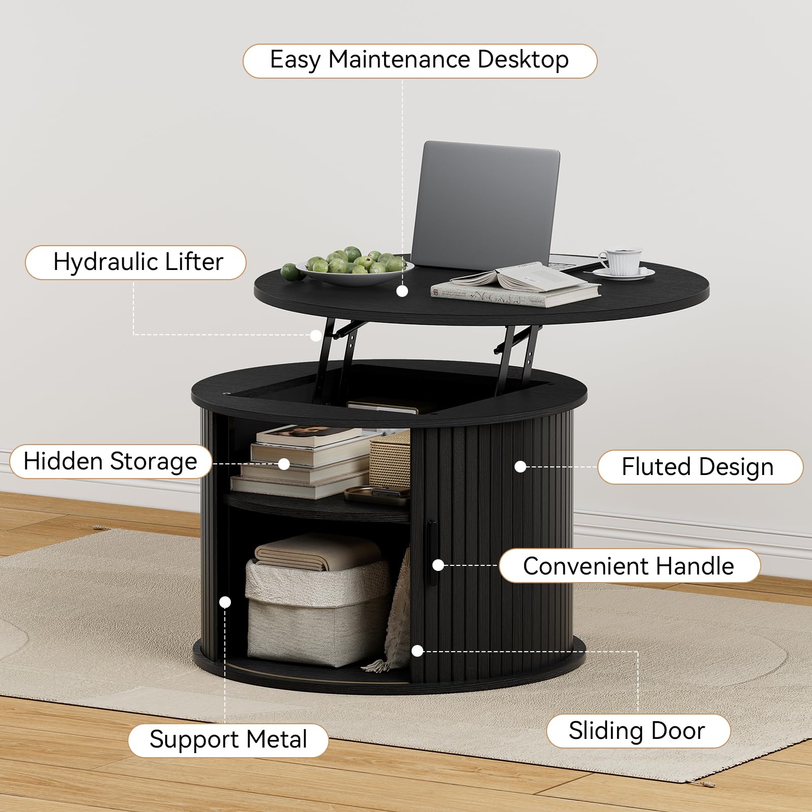 FABATO Round Lift Top Coffee Table, Fluted Wood Accent Coffee Table with Hidden Storage and Open Shelves, Drum Table with Sliding Rolling Door, Small Center Table Dining Table for Living Room, Black