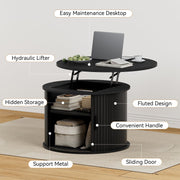 FABATO Round Lift Top Coffee Table, Fluted Wood Accent Coffee Table with Hidden Storage and Open Shelves, Drum Table with Sliding Rolling Door, Small Center Table Dining Table for Living Room, Black