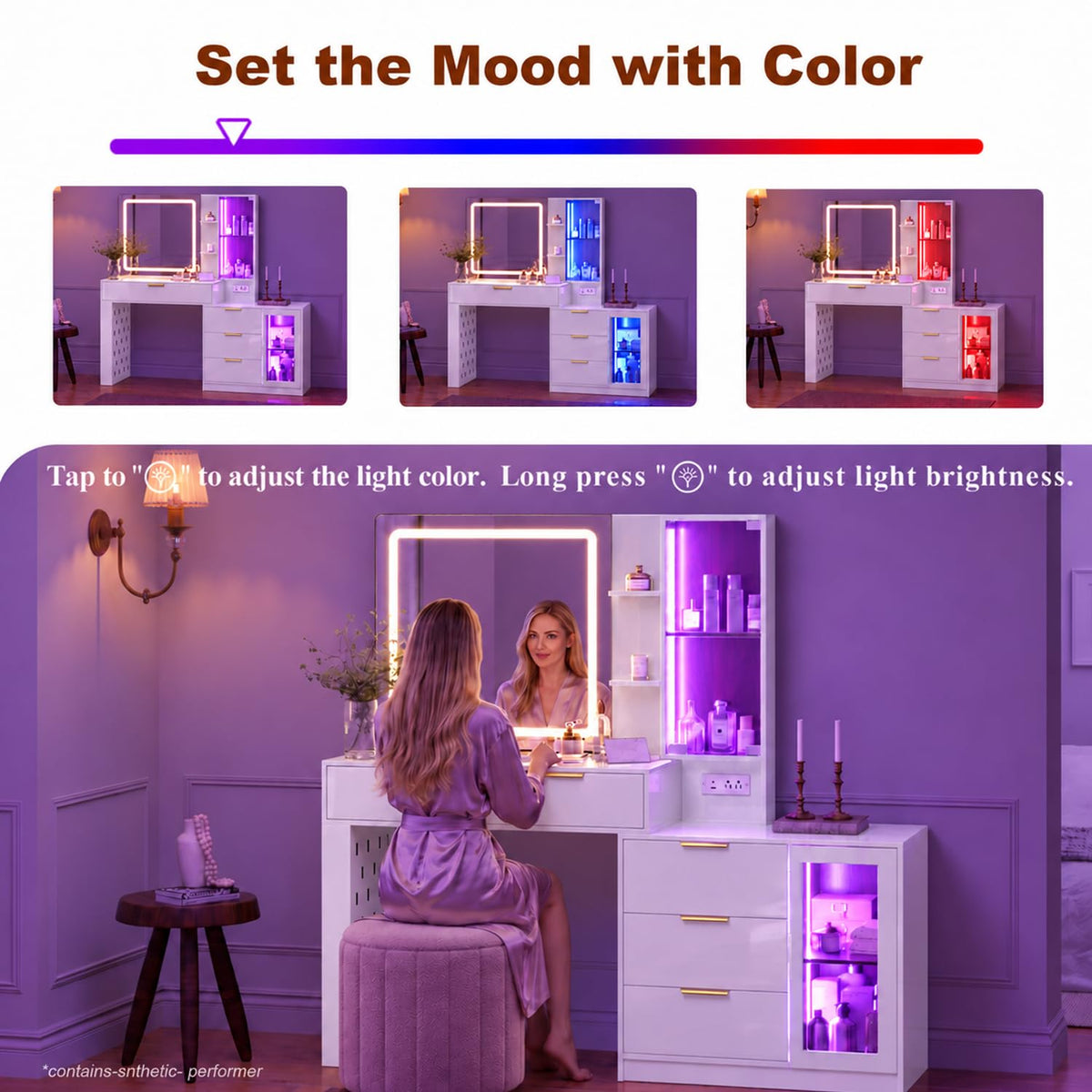 57“Makeup Vanity Desk with Mirror and Lights, Vanity Desk with 5 Drawers & RGB Cabinet Lighting, Vanity Table with Power Outlet, 3 Color Modes & Adjustable Brightness Dressing Table, Bedroom,White
