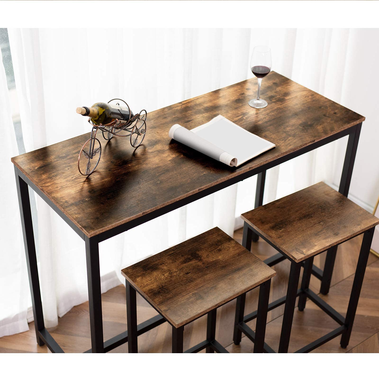 HOOBRO Bar Table and Chairs Set, 47.2” Rectangular Pub Table with 2 Stools for Small Space, High Top Table, 3-Piece Breakfast stools Set, Sturdy Metal Frame, Easy to Assemble, Rustic Brown BF52BT01