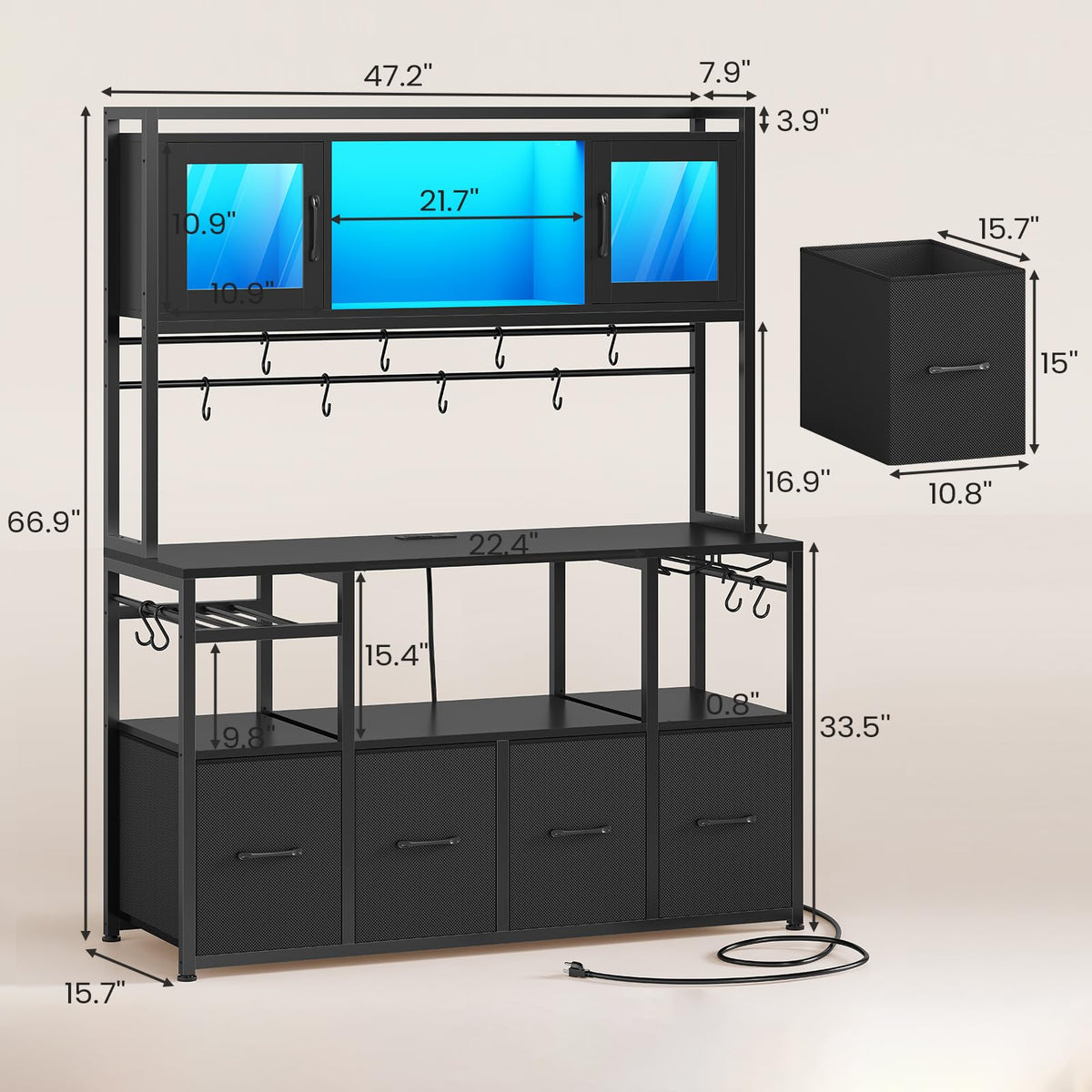 Itaar Bakers Rack with Power Outlet and LED Light, 47.2'' Microwave Stand with Storage, Kitchen Coffee Bar Cabinet with Glass Door, 4 Drawer, Wine Rack, Goblet Holder and 12 Hooks, Black