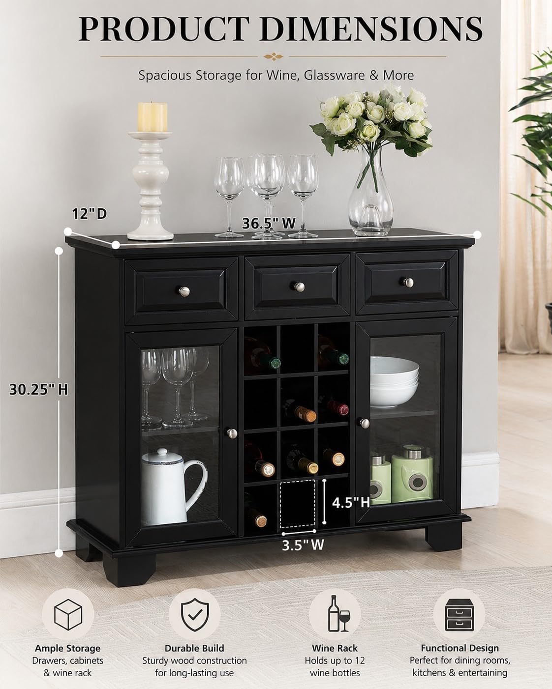 Kings Brand Buffet Sideboard Cabinet with 12-Bottle Wine Rack, Black
