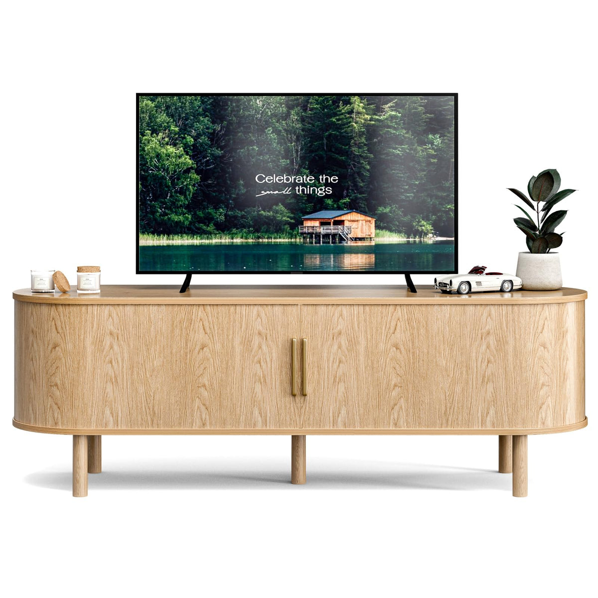 ZttRiee TV Stand with Sliding Doors for TVs up to 60", Modern, Natural