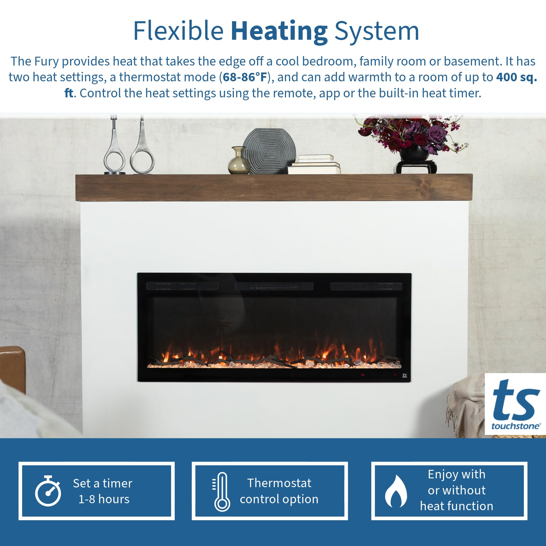 Touchstone Smart Electric Fireplace-The Fury 65" Wide- 4.5" Thin in Wall Recessed-100 Realistic Flame/Ember Bed Color Combos-1,500W Heater-Larger Viewing Area-Alexa/WiFi Enabled