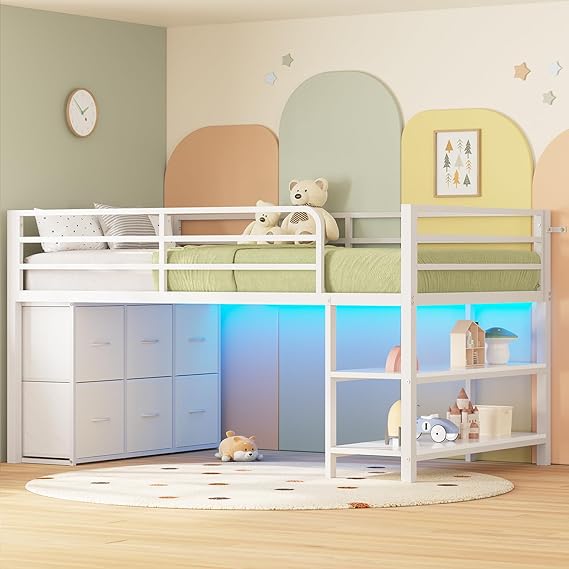 Kids Twin Low Loft Bed with LED Lights & Storage