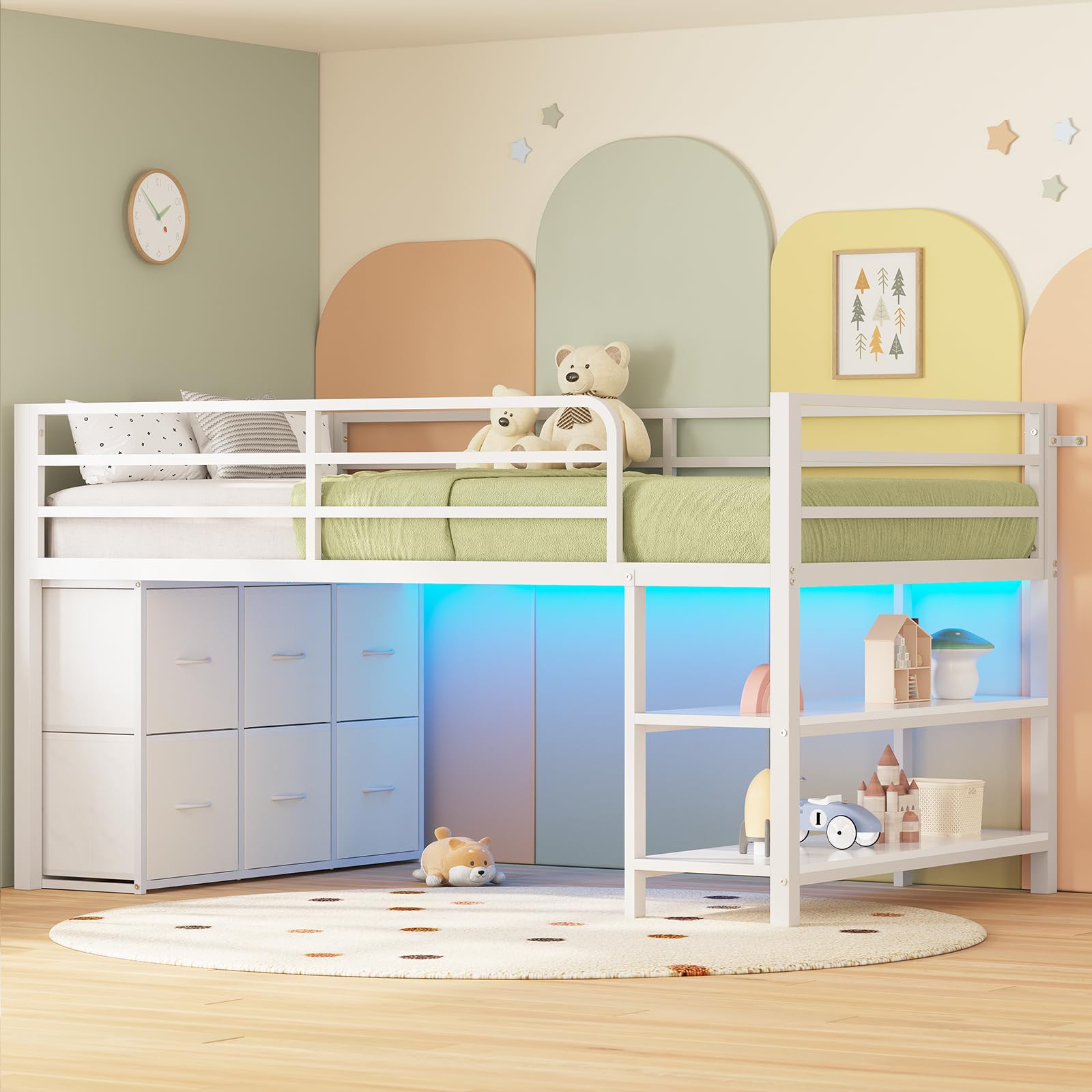 ADORNEVE Low Loft Bed with 6 Storage Drawers, Twin Loft Bed with LED Lights, Metal Loft Bed Twin Size with Open Storage Shelves, Twin Bed Frame with 15" H Safety Guard Rail for Kids, White
