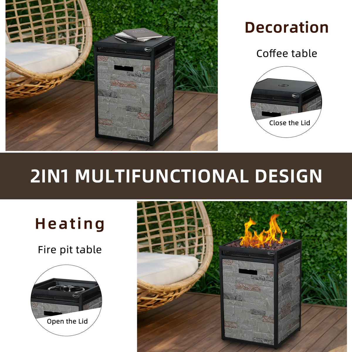 Afterglow Terrafab Grey Panels with Steel Frame 16" Square 40,000 Btu Propane Fire Column Outdoor Wood Effect Fire Pit for Outdoor Patio Garden Backyard Decking Decor