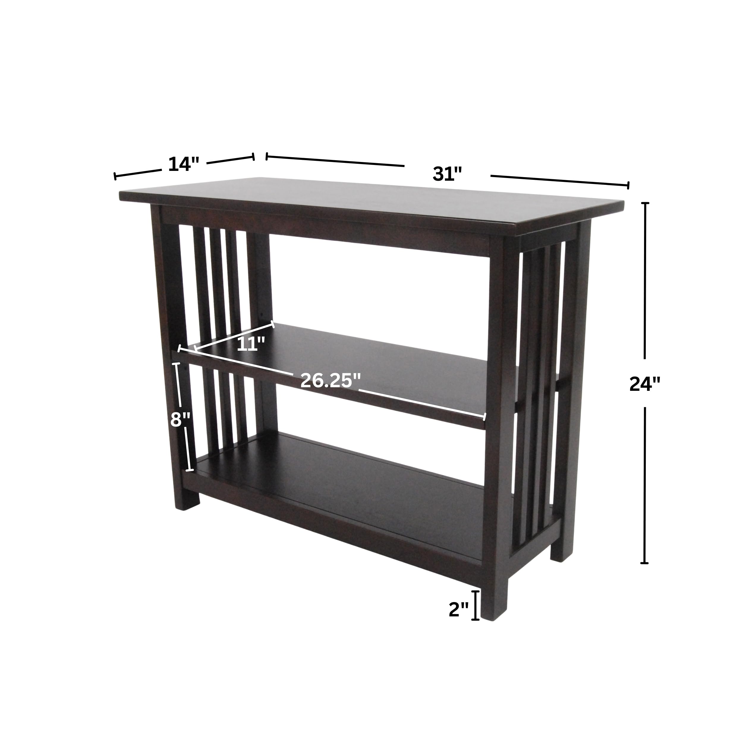 Alaterre Furniture Mission 3-Tier Under Window Bookshelf with Adjustable Middle Shelf and Vertical Slat Side Panels – Space Saving Bookcase for Office, Living Room, or Bedroom (Espresso)
