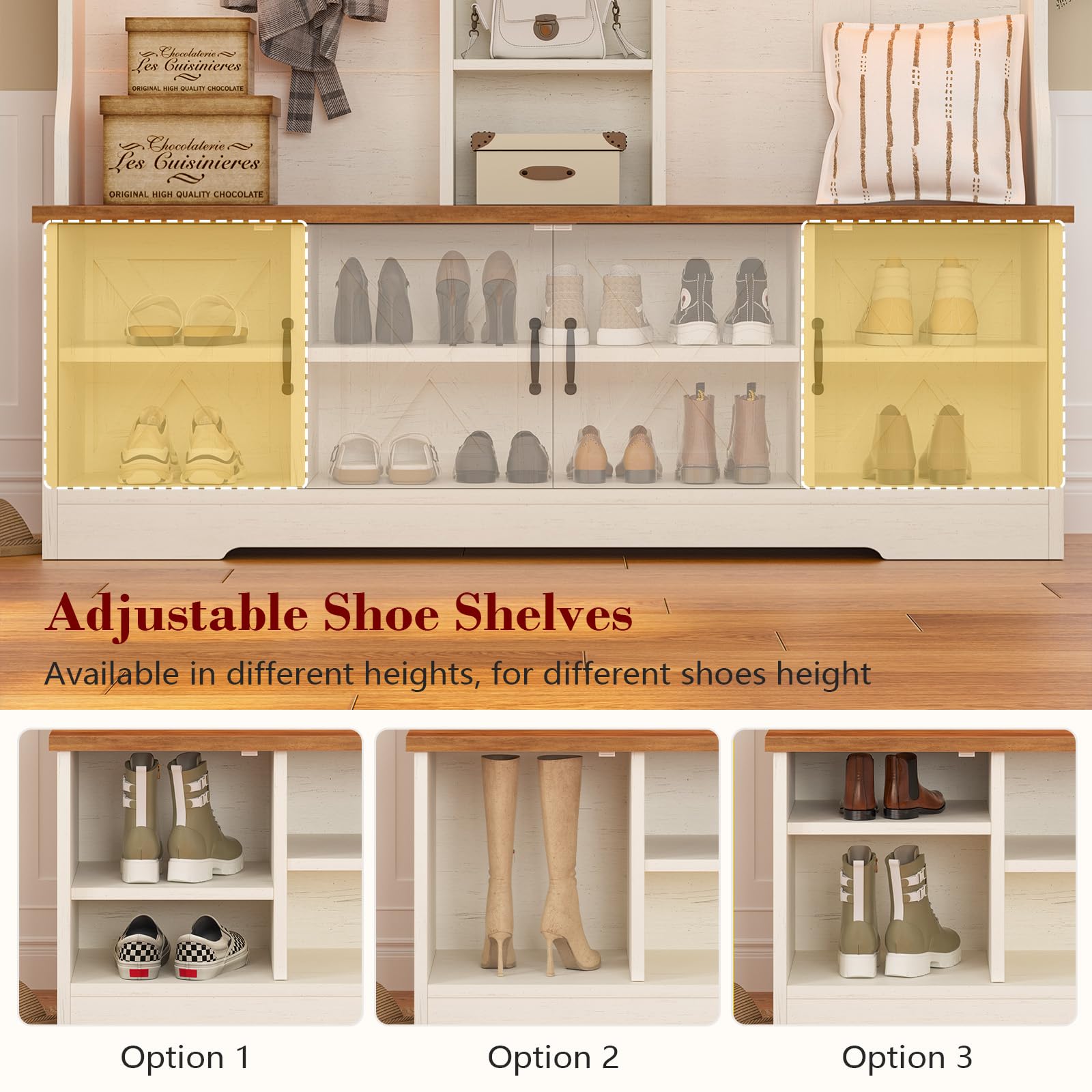 5-in-1 Farmhouse Hall Tree with Bench, Shoe Cabinet, 12 Hooks & LED Lights
