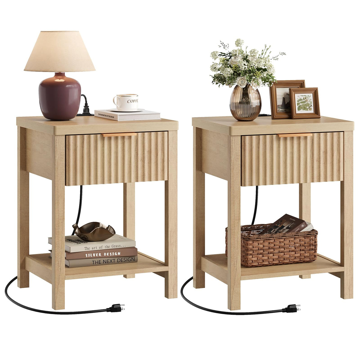 ELYKEN Fluted Nightstands Set 2 with Storage Drawer & Power, Natural Oak