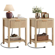 ELYKEN Fluted Nightstands Set 2 with Storage Drawer & Power, Natural Oak