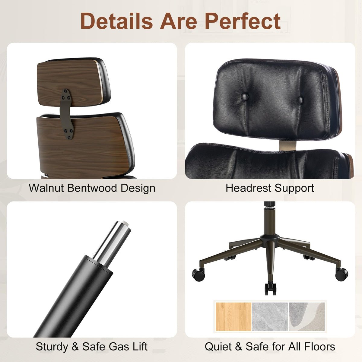 BERYTH Mid-Century Modern Ergonomic Office Chair, High Back Headrest, Black
