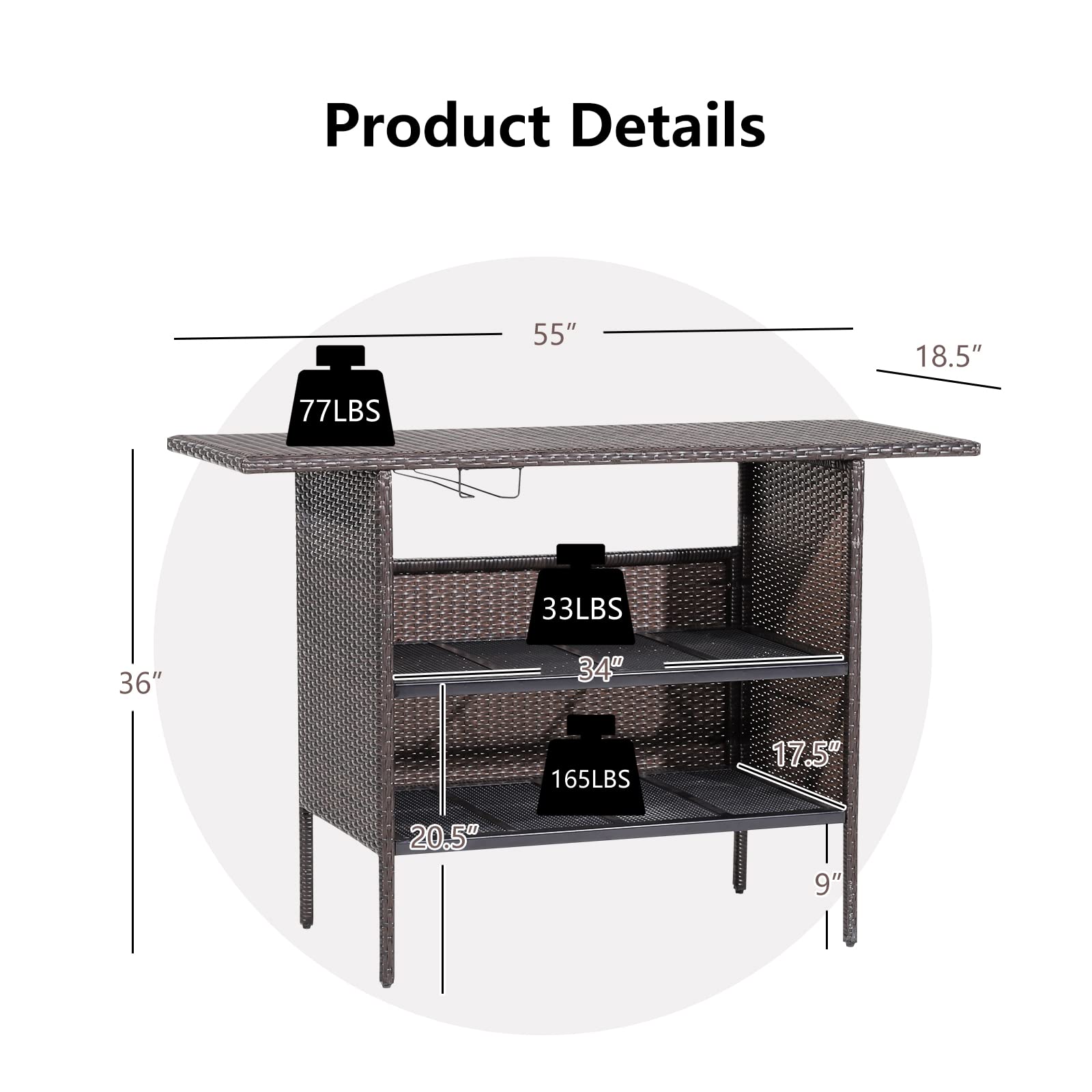 Tangkula Outdoor Wicker Bar Table, Patiojoy All Weather Patio Bar Height Table with 2 Metal Mesh Shelves & 2-Rail Steel Stemware Racks, Rattan Bar Counter Table for Backyard, Poolside (Mix Brown)