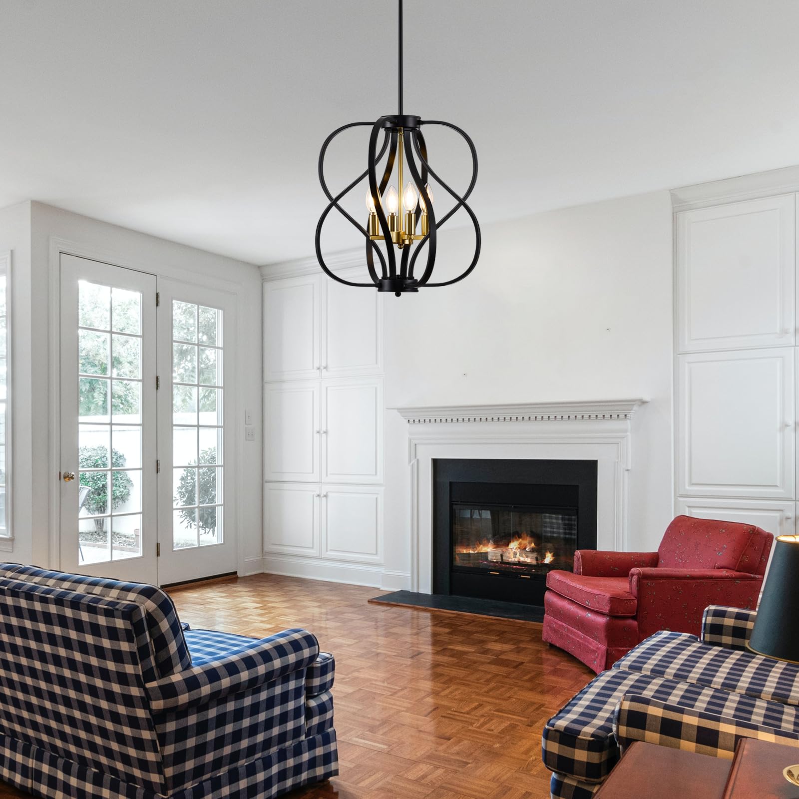 Black and Gold Chandelier Light Fixture, 18" Modern Farmhouse Industrial Chandelier, 4-Light Sphere Geometric Hanging Pendant Light Fixture for Dining Room Entryway Hallway Living Room Kitchen Island