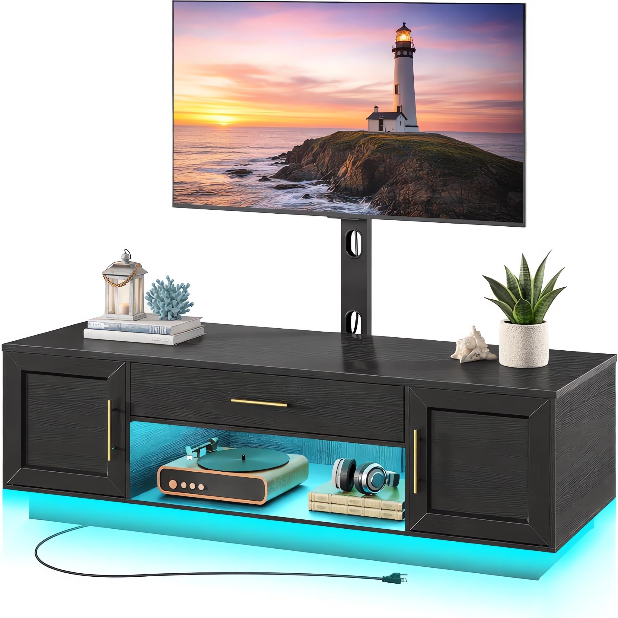 RALGEND 59" Modern TV Stand with Mount and Power Outlet, Swivel TV Stand for 32/55/65/75 inch TVs, Height Adjustable LED Entertainment Center, Media TV Console Table for Living Room, Bedroom, Black