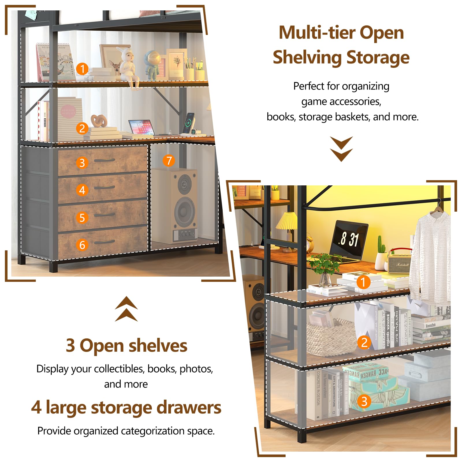Twin Loft Bed with Storage, Desk & LED Lights