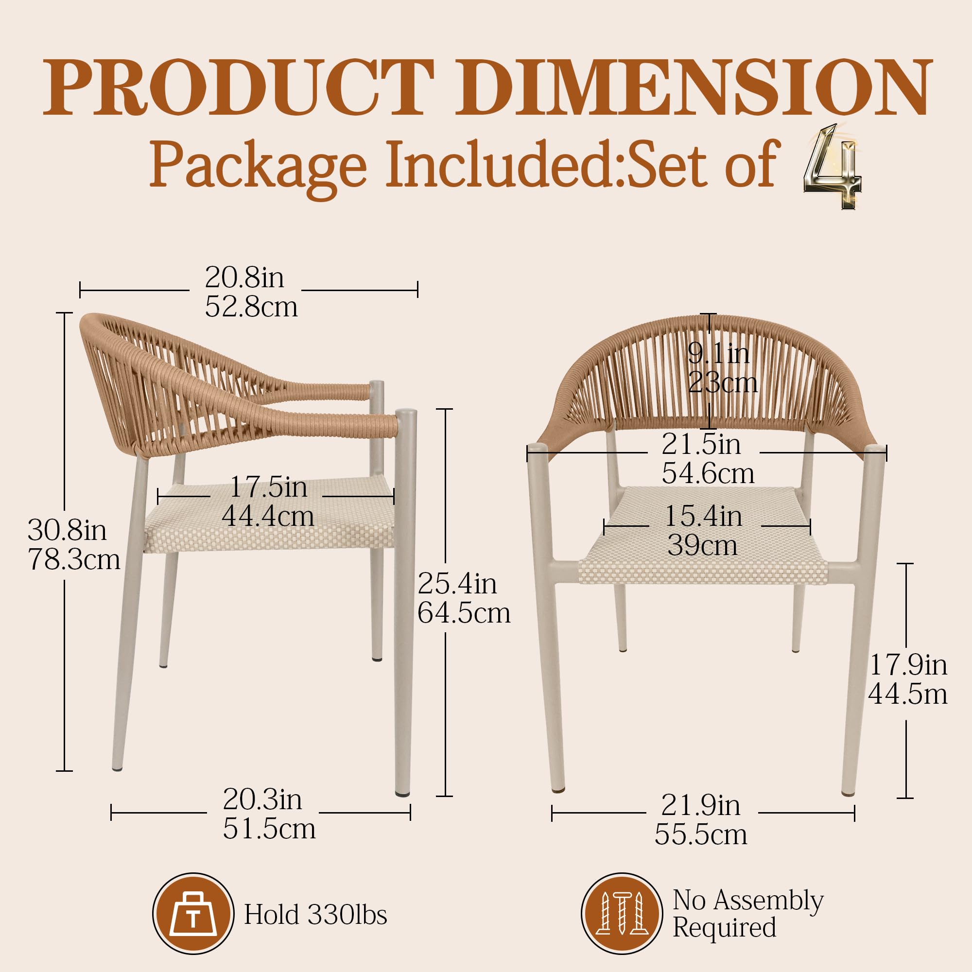 TWT Patio Chairs Set of 4, Outdoor Stackable Dining Chairs for All Weather, Breathable Textilene Garden Furniture for Backyard Deck, Aluminum Alloy Frame, PE Rattan, Light Brown
