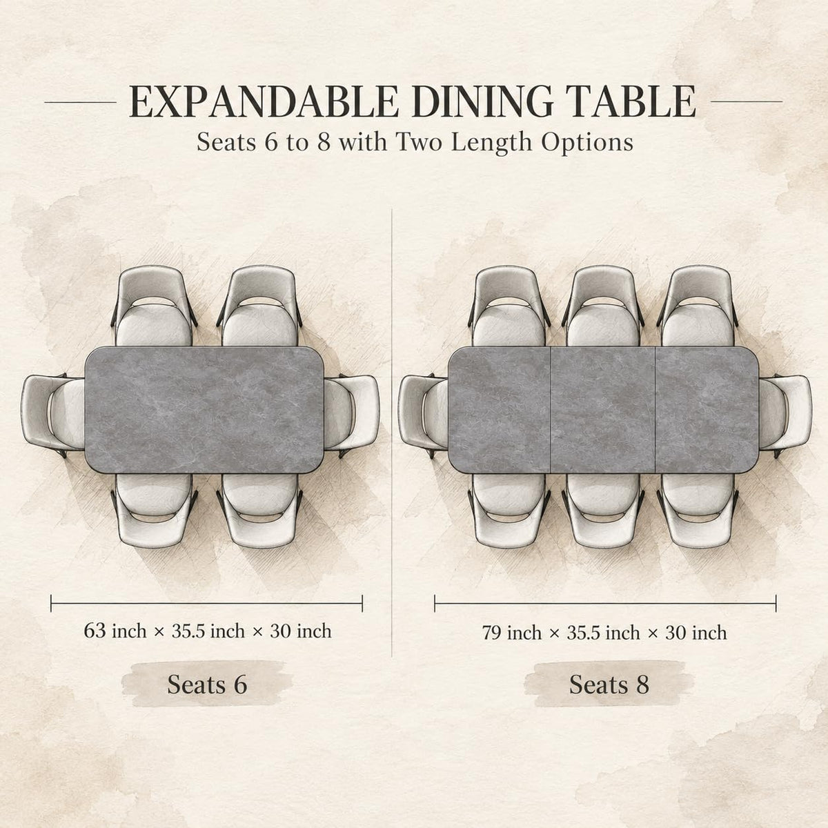 Extendable Sintered Stone Dining Table, 79 Inch, 1 Table + 6 Chairs