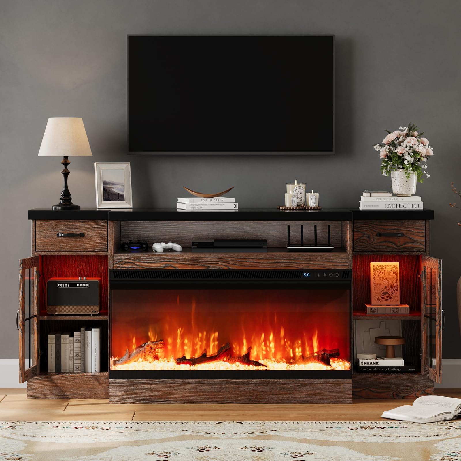 4 EVER WINNER 70" Fireplace TV Stand for TVs Up to 80", Farmhouse Entertainment Center with 3-Sided Glass Electric Fireplace, 2 Drawers, Storage Cabinets & Adjustable Shelves, Brown