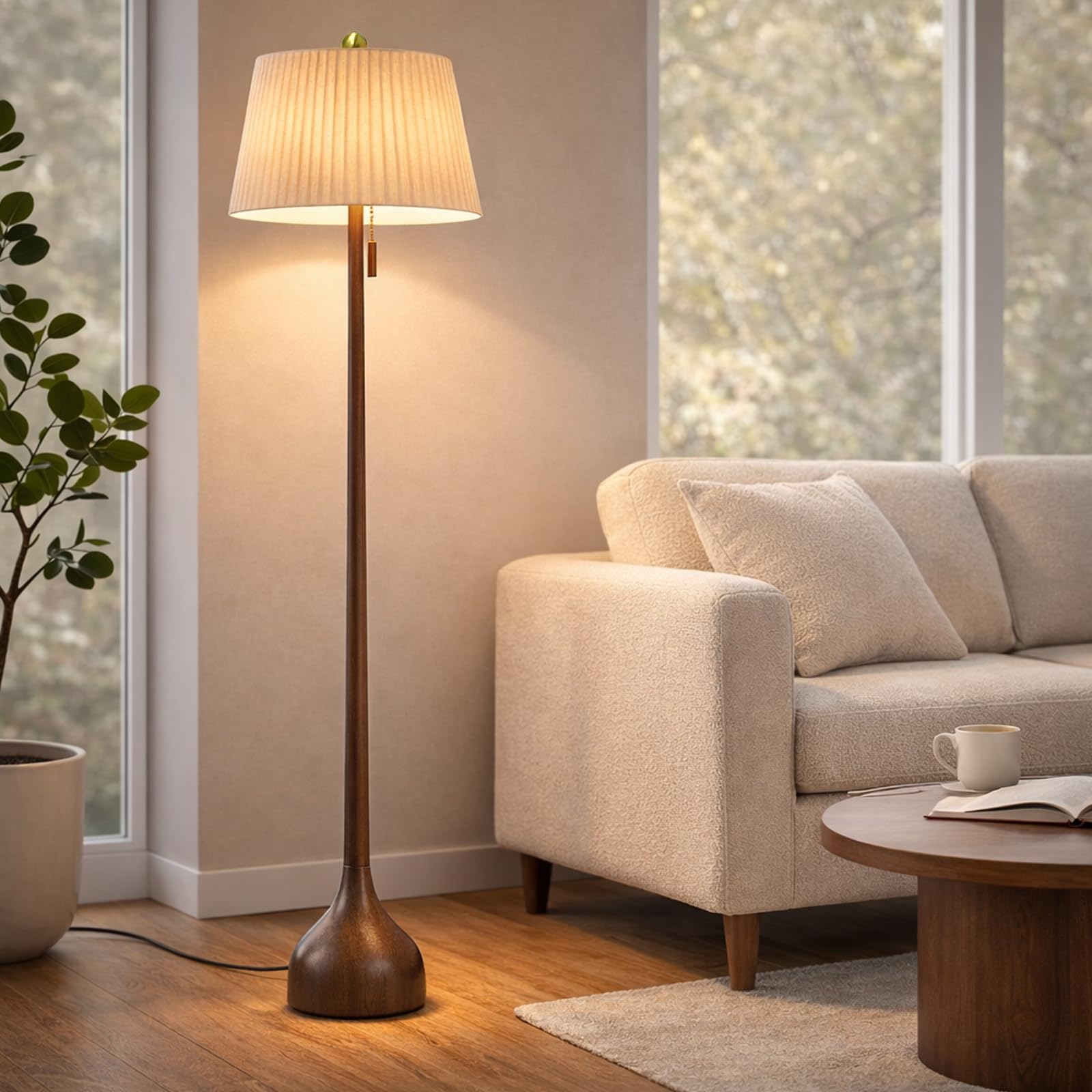 Mid-Century Modern Wood Floor Lamp with Dual Shades