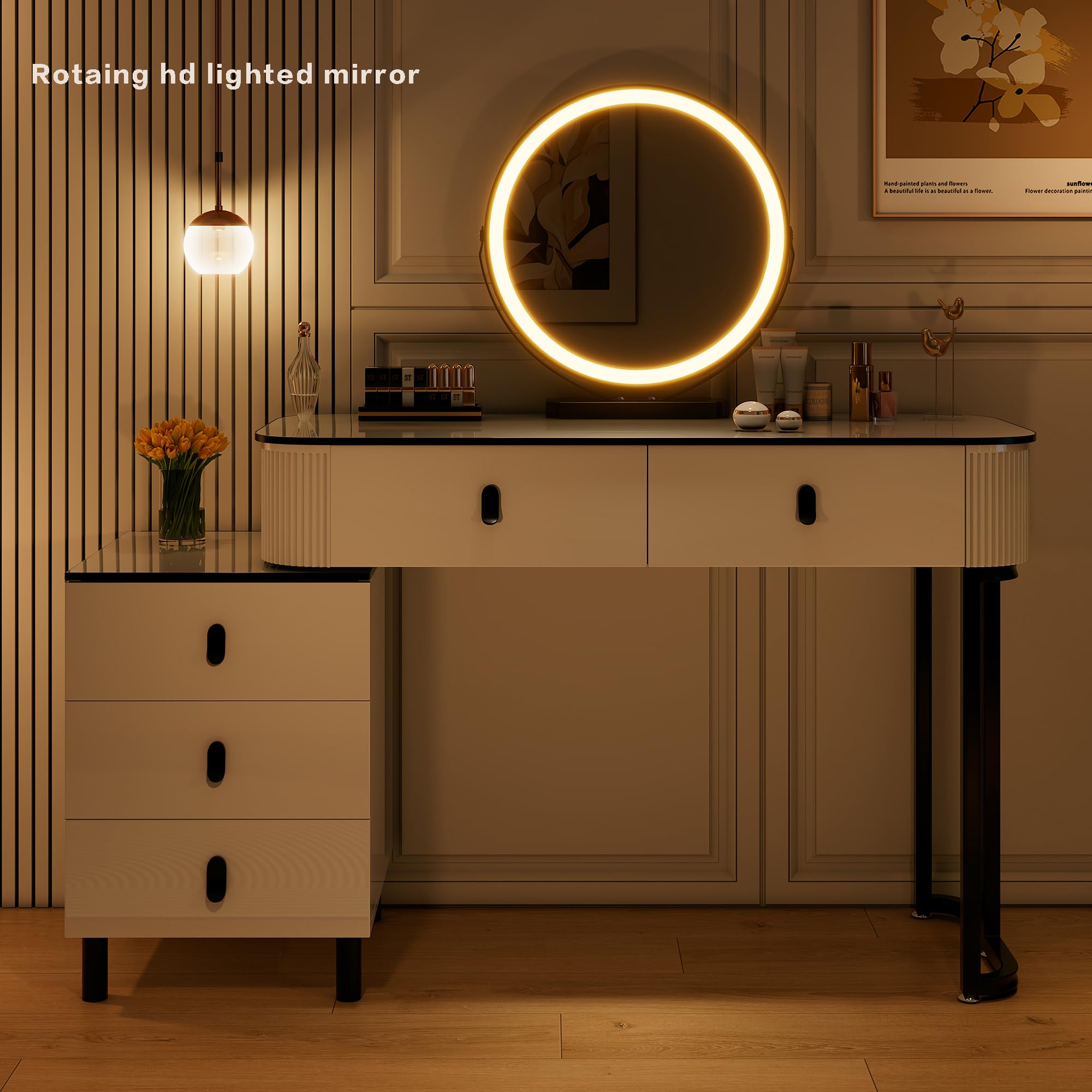 KDCAS Small Makeup Vanity Desk with Mirror and LED Lights | Modern Fluted Vanity Table with Drawers and Reversible Adjustable Side Cabinet (39.37"–51.2") | Space-Saving White Vanity Desk for Bedroom