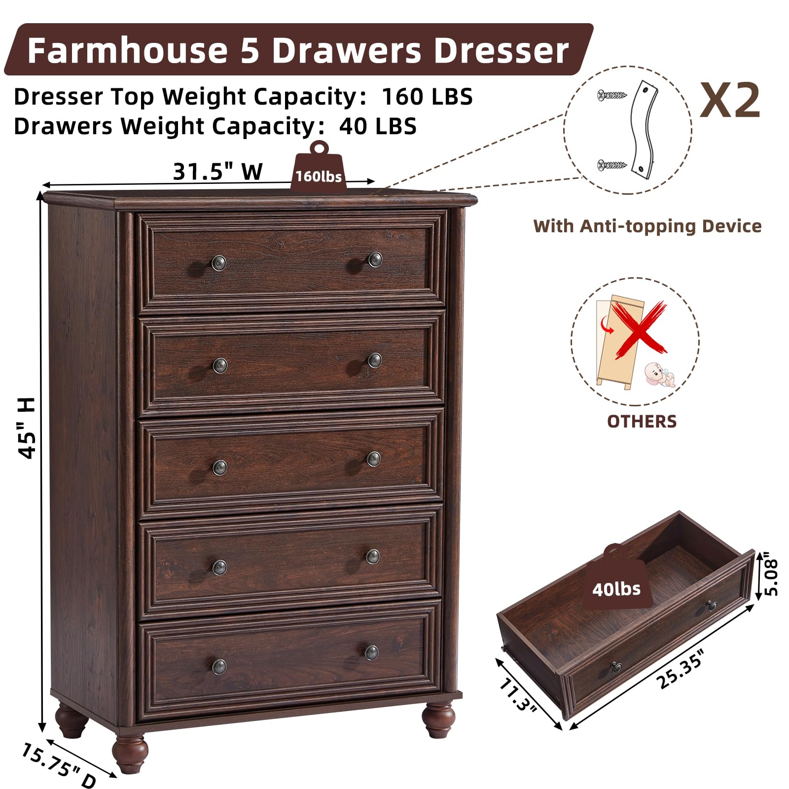 Farmhouse 5-Drawer Tall Dresser with Metal Handles