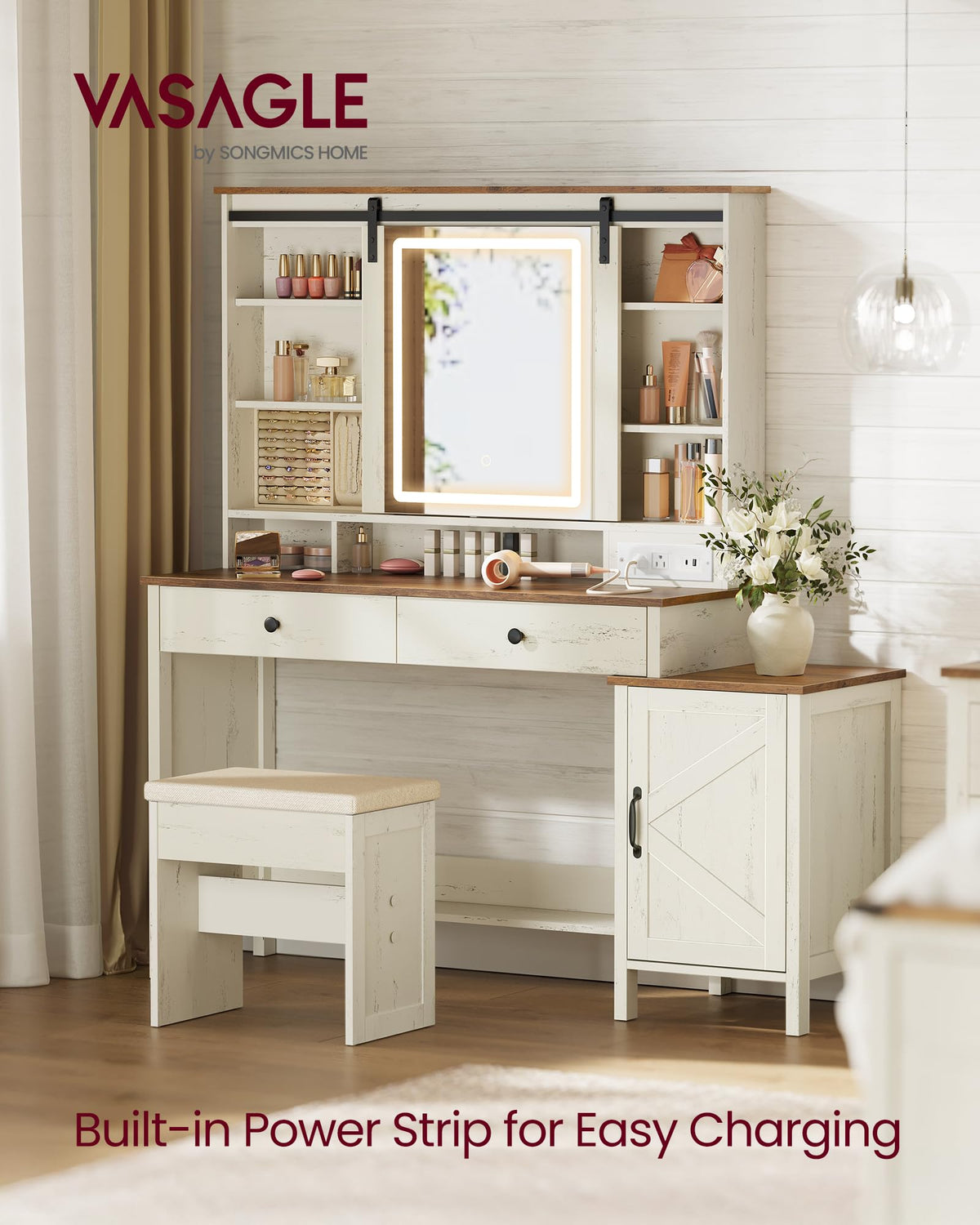VASAGLE Farmhouse Vanity Desk with Mirror and Lights, Stool, 2 Drawers