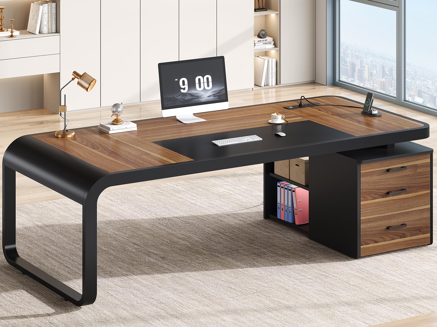 Itaar 70.9" Executive Desk, Large Computer Desk with Drawers and Lateral File Cabinet, Office Desk with Removable Shelves, Business Furniture Desk Workstation for Home Office, Walnut