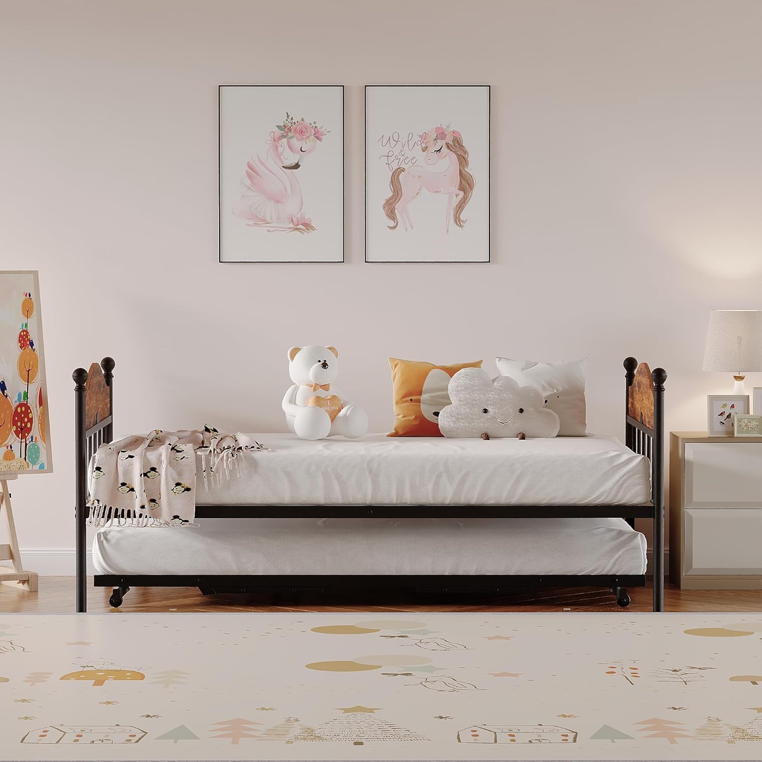 Garvee Twin Daybed with Trundle, Twin Bed Frame with with Stylish Headboard, Heavy Duty Steel Slats Platform for Living Room, Bedroom, Brown