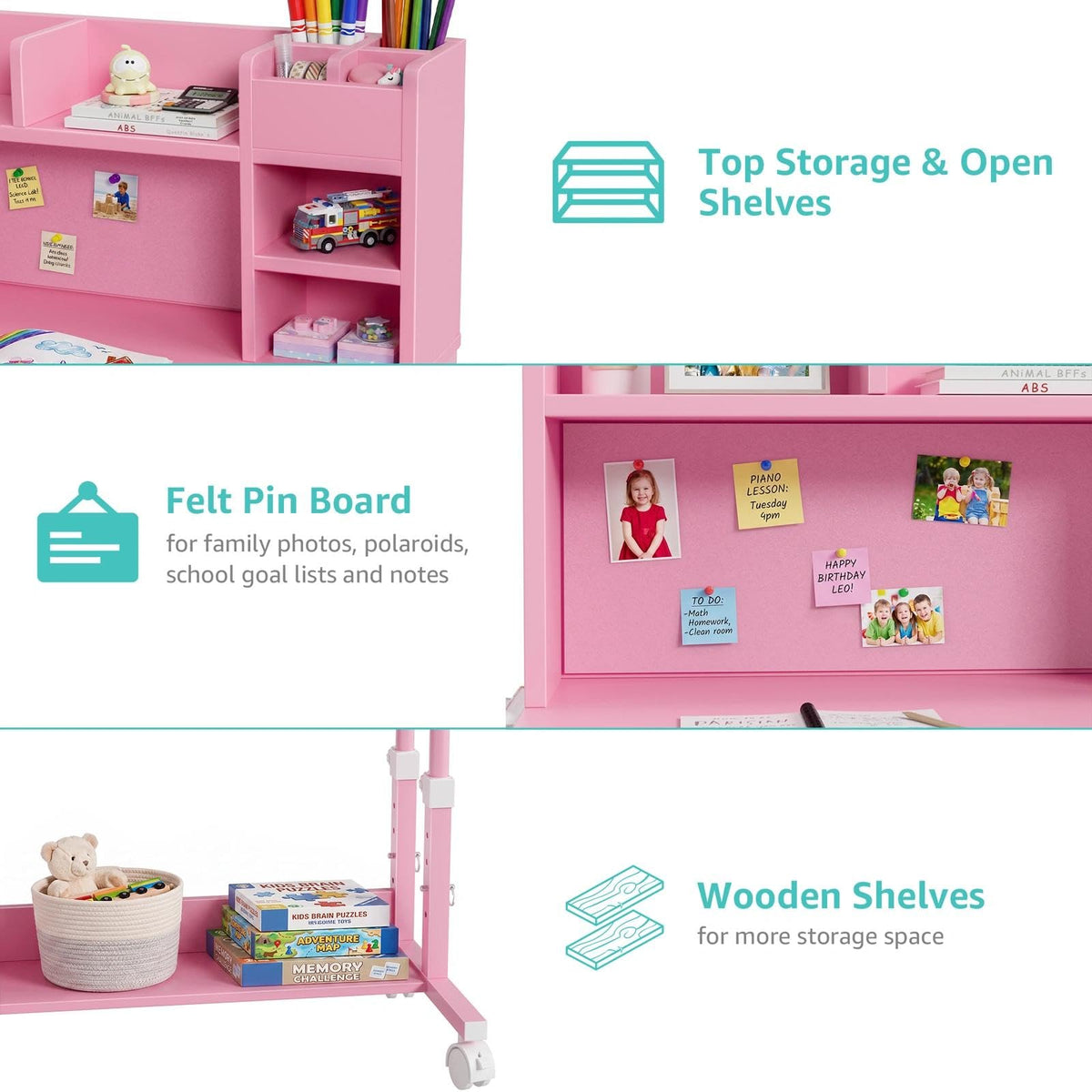 Pink Kids Desk with Hutch, 32" Height Adjustable Mobile Rolling Girls Desk