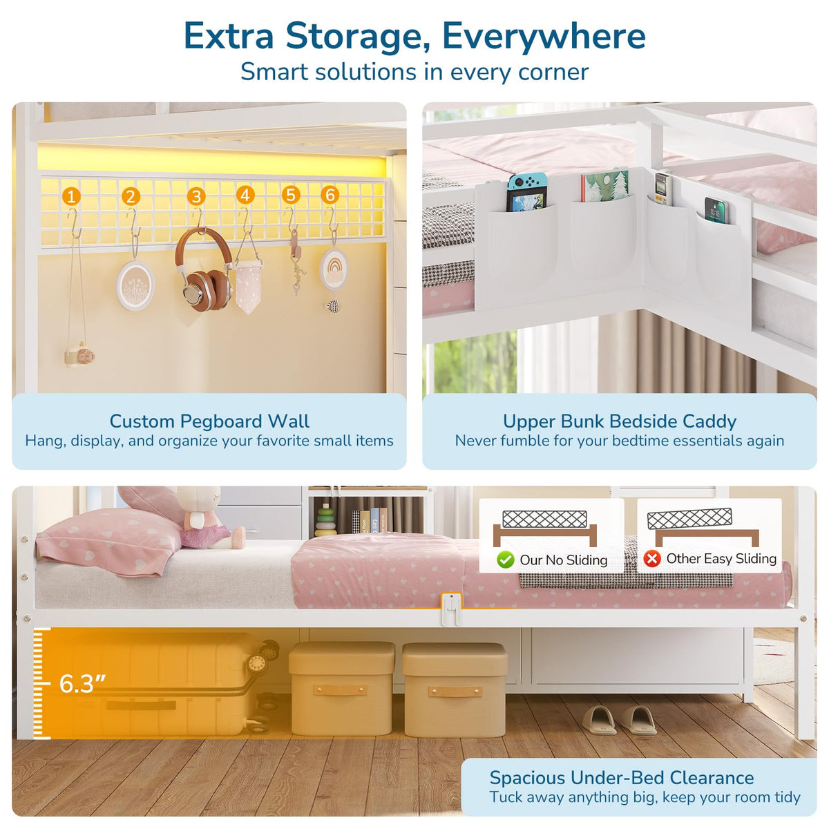 L-Shaped Triple Bunk Bed with Storage & LED Lights