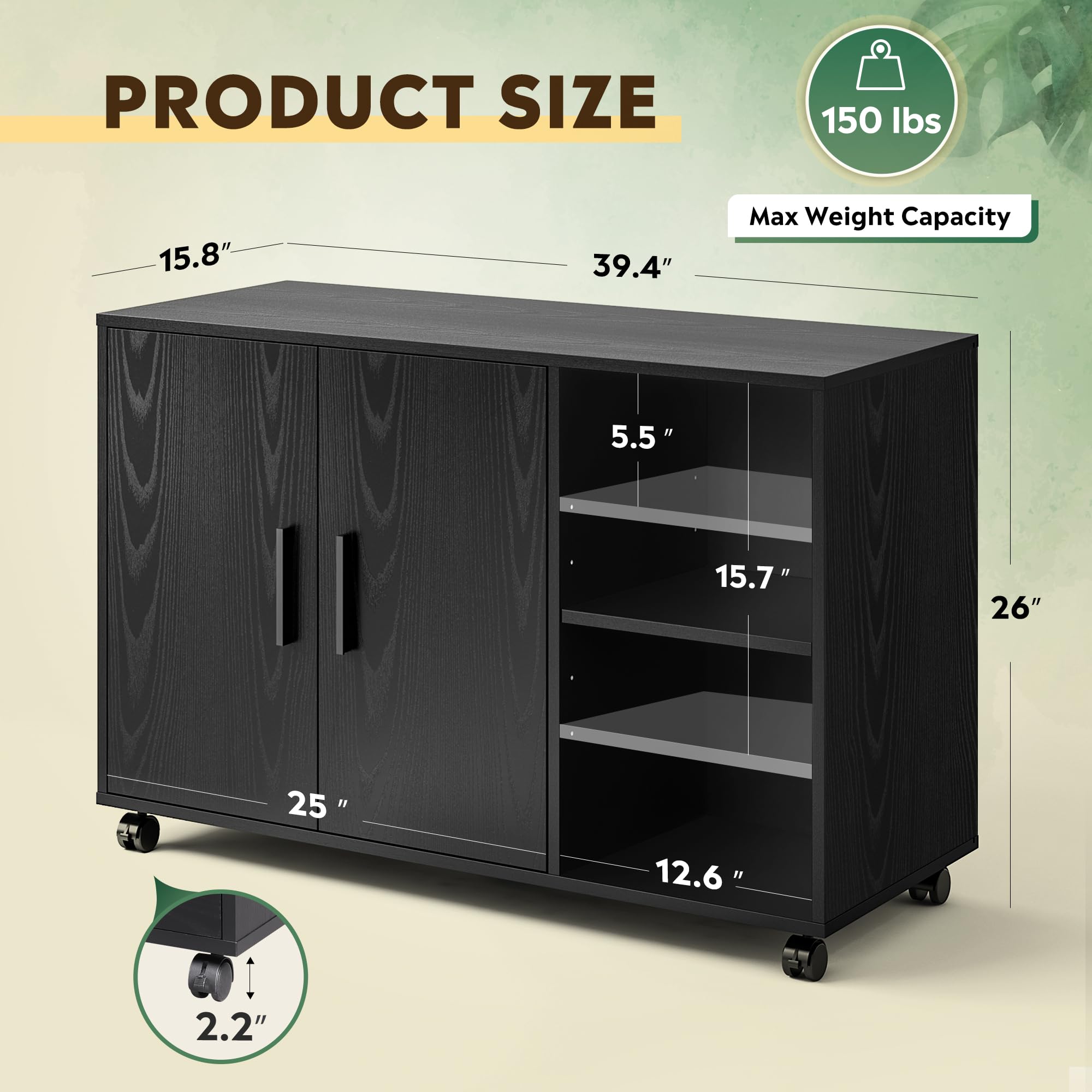 Rolling Office Storage Cabinet with Doors & Shelves