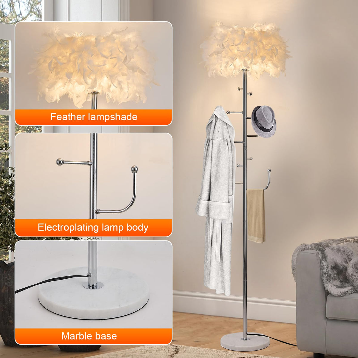 Feather Floor Lamp with Coat Rack