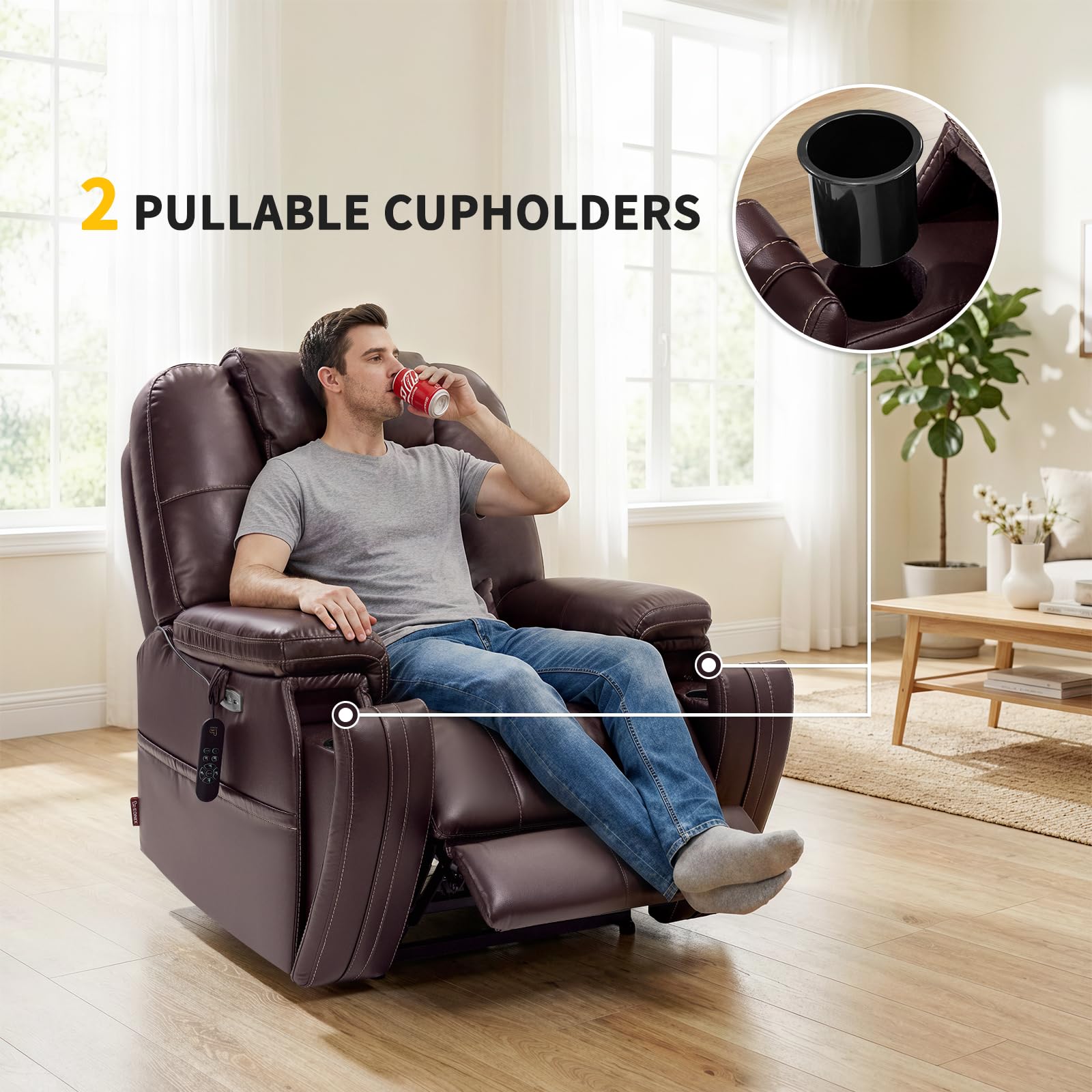 EONIX Triple Motor Lay Flat Power Lift Recliner Chair for Elderly with Adjustable Headrest, 400lbs Electirc Lift Chair for Living Room, Lumbar Pillow, Extended Footrest, Dark Brown